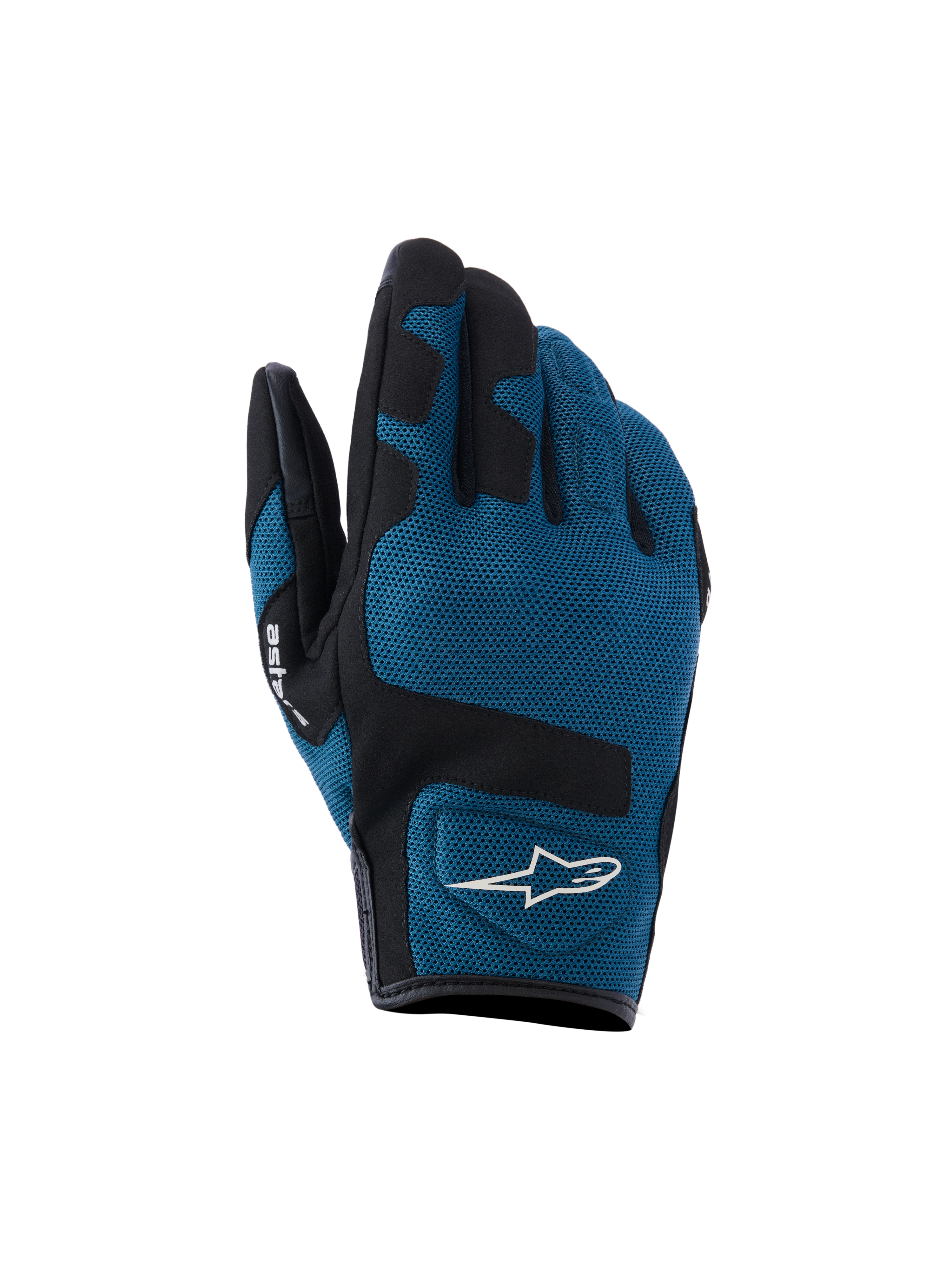 Alpinestars Ignite Gloves, guanti da moto urbani, blu indigo e nero, costruzione in tessuto mesh traspirante sul dorso, pannelli rinforzati neri sulle nocche, logo A-star bianco, design a polsino corto per la guida urbana su strada