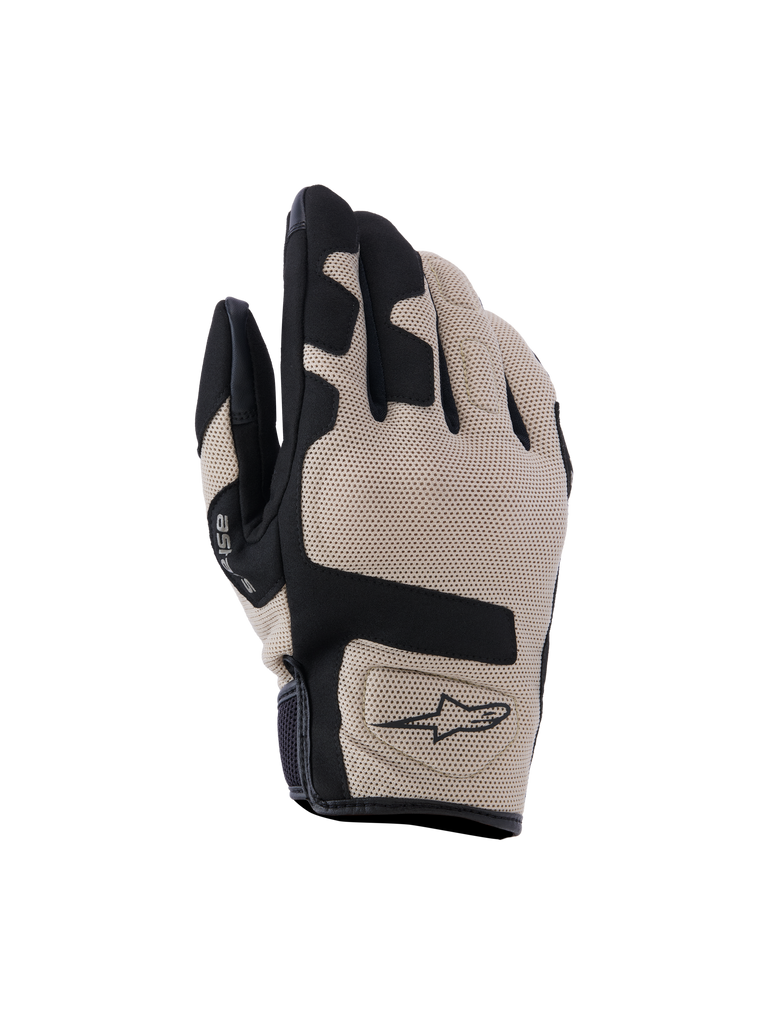 Alpinestars Ignite Gloves, guanti da moto beige e neri, tessuto traspirante con fori, inserti neri su dita e palmo, logo nero sul dorso, design ergonomico sportivo