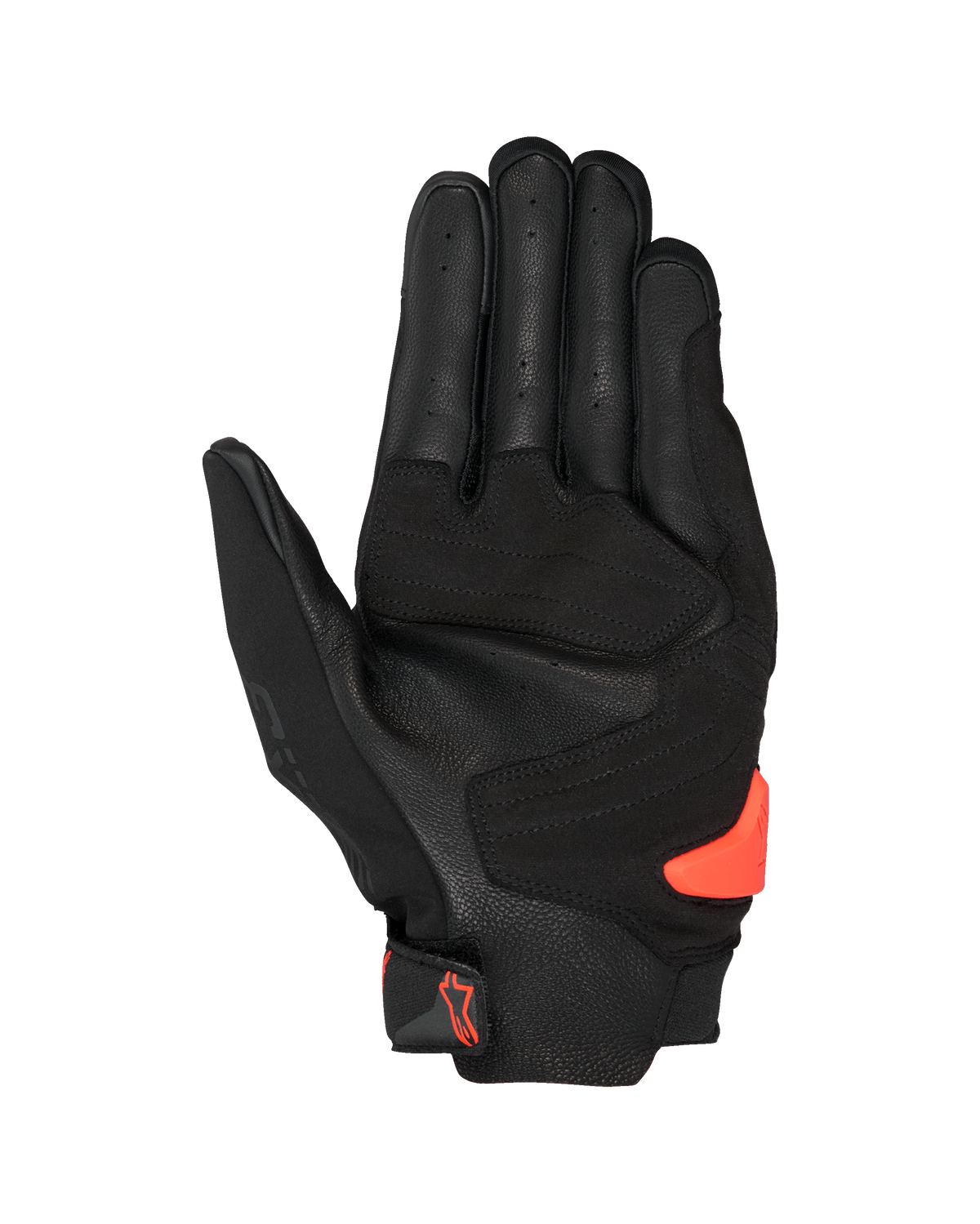 Guanti Alpinestars SP X 3, nero e rosso fluo, vista del palmo con pelle traforata, rinforzi sintetici e slider del palmo in TPR arancione brillante, equipaggiamento da moto racing e sport