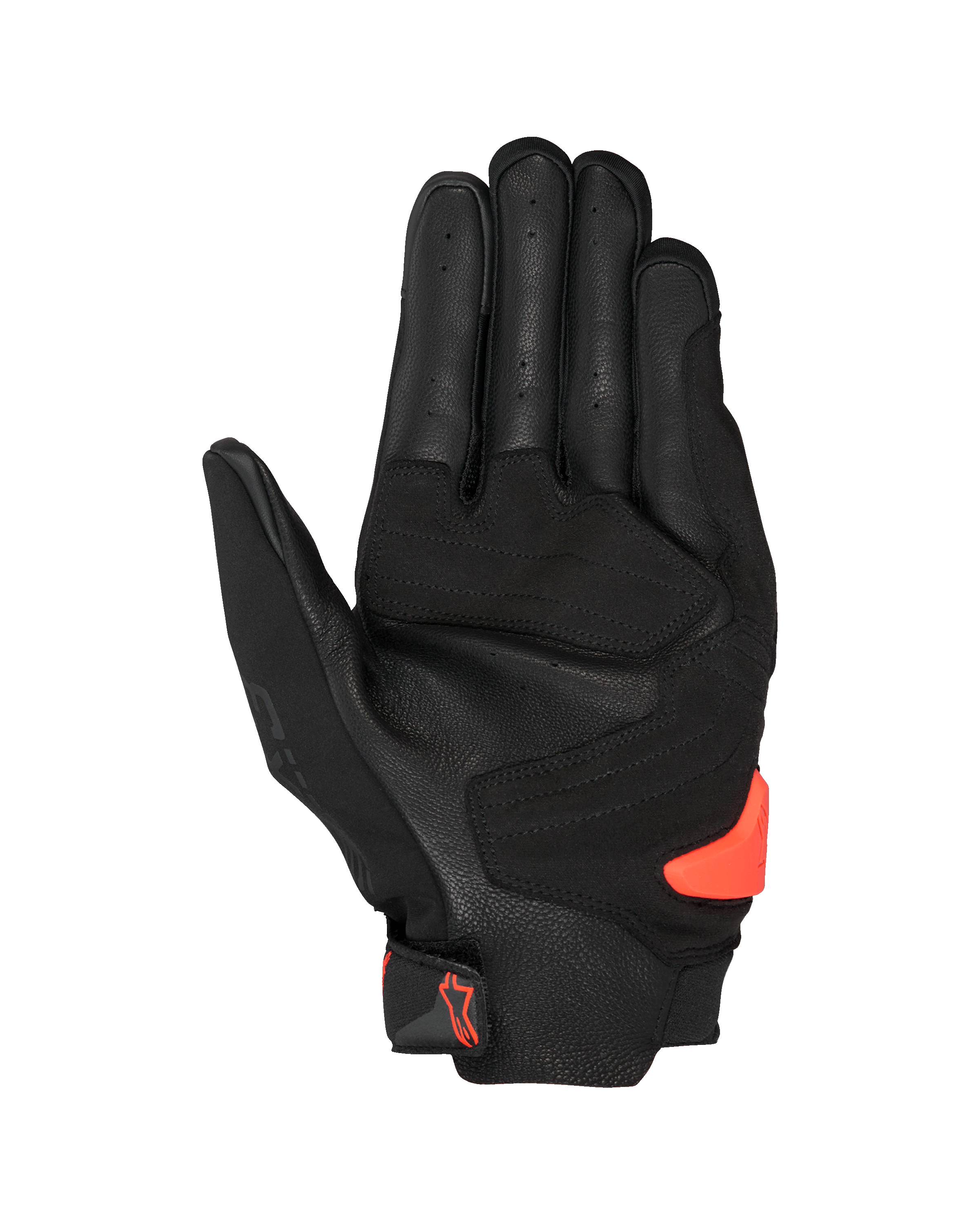 Guanti Alpinestars SP X 3, nero e rosso fluo, vista del palmo con pelle traforata, rinforzi sintetici e slider del palmo in TPR arancione brillante, equipaggiamento da moto racing e sport