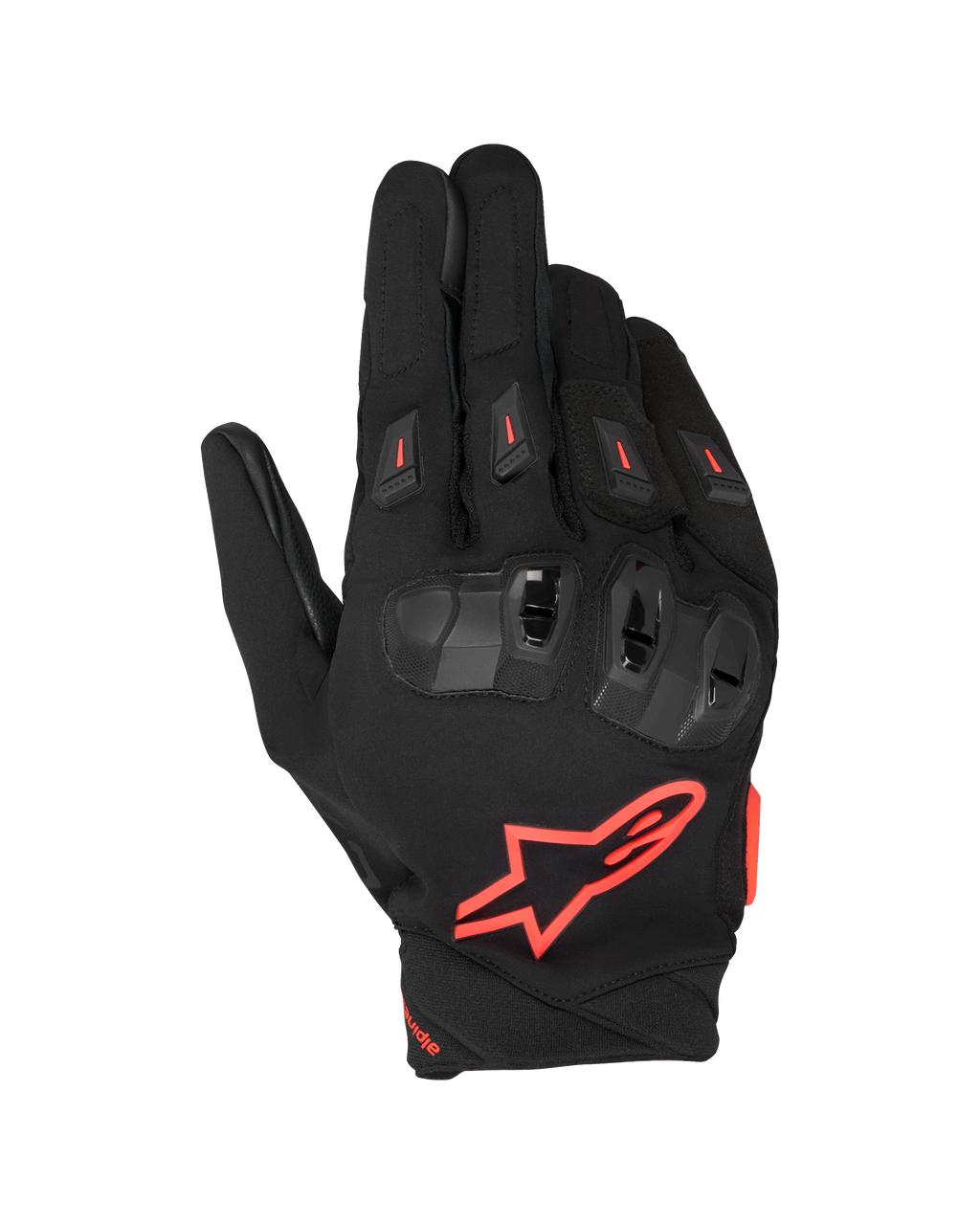 Guanti Alpinestars SP X 3, guanti da moto racing, nero e rosso fluo, con grande logo a stella rossa sul dorso, protezione nocche in TPU a doppia densità con accenti rossi e slider ventilati sulle dita, design sportivo protettivo per guida su strada