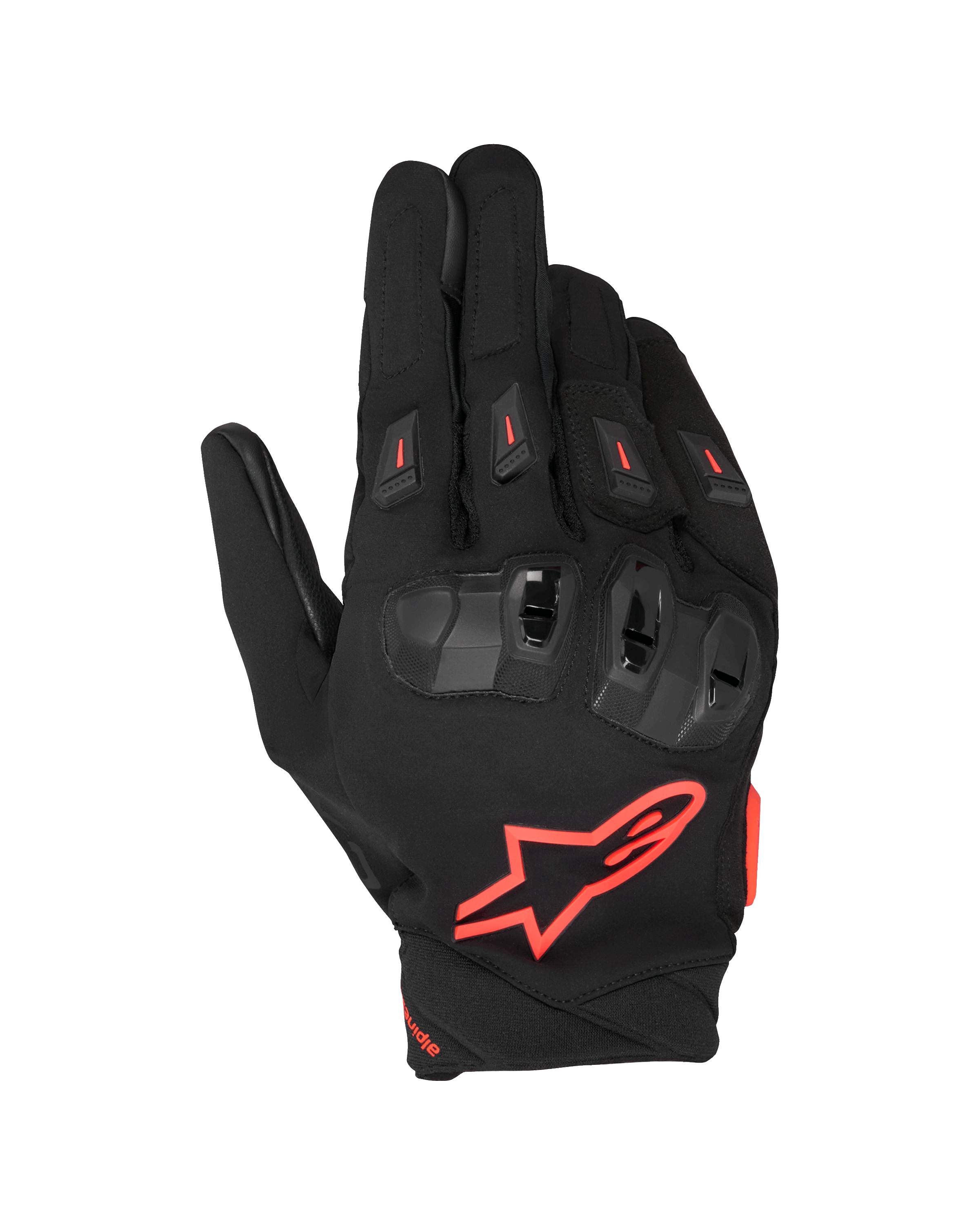 Guanti Alpinestars SP X 3, guanti da moto racing, nero e rosso fluo, con grande logo a stella rossa sul dorso, protezione nocche in TPU a doppia densità con accenti rossi e slider ventilati sulle dita, design sportivo protettivo per guida su strada