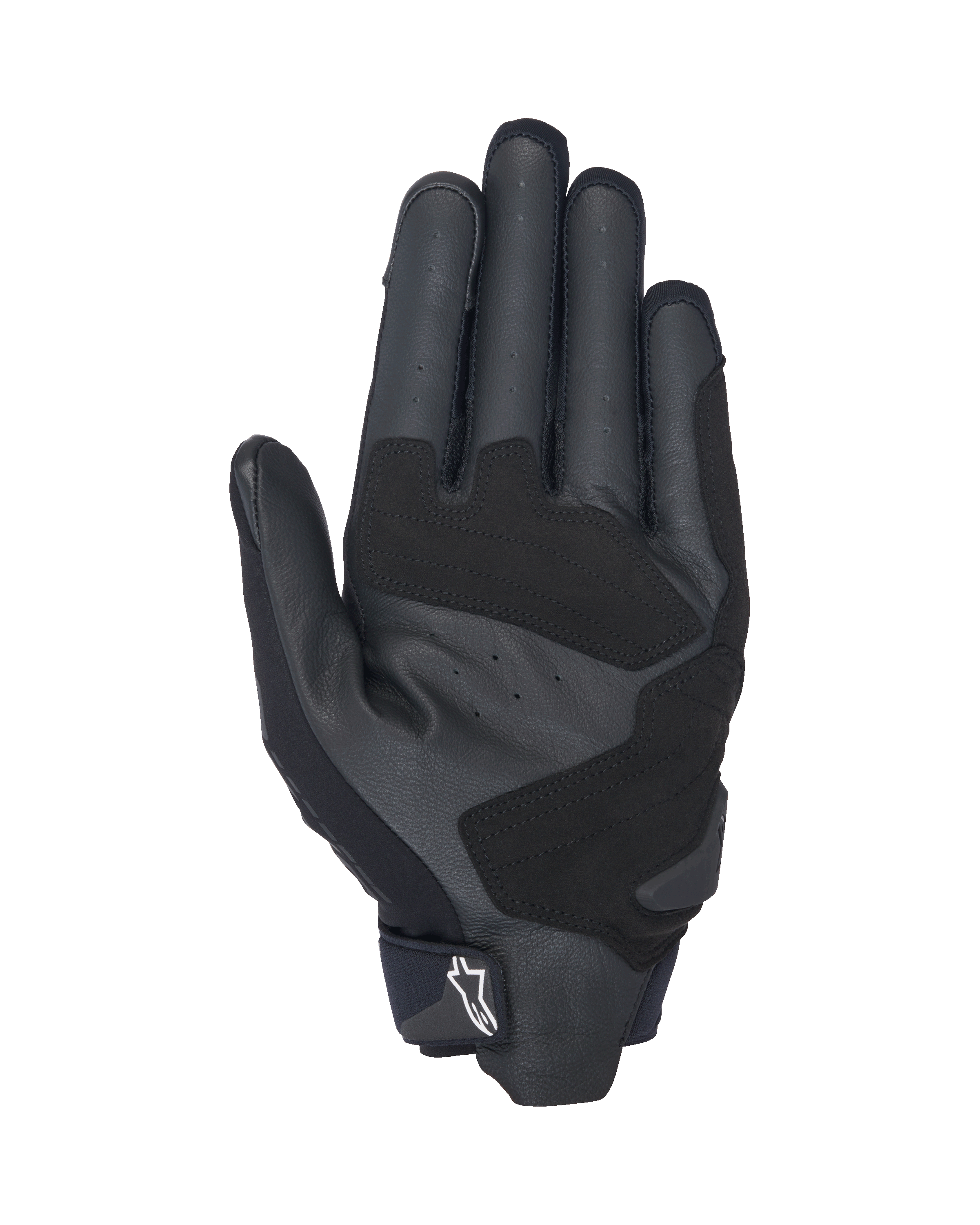 Guanti Alpinestars SP X 3, guanti da moto neri e bianchi, vista del palmo con pelle traforata per la ventilazione, inserti in pelle sintetica per grip e durata superiori, zone d'impatto rinforzate e design a polsino corto con logo Alpinestars bianco sulla linguetta