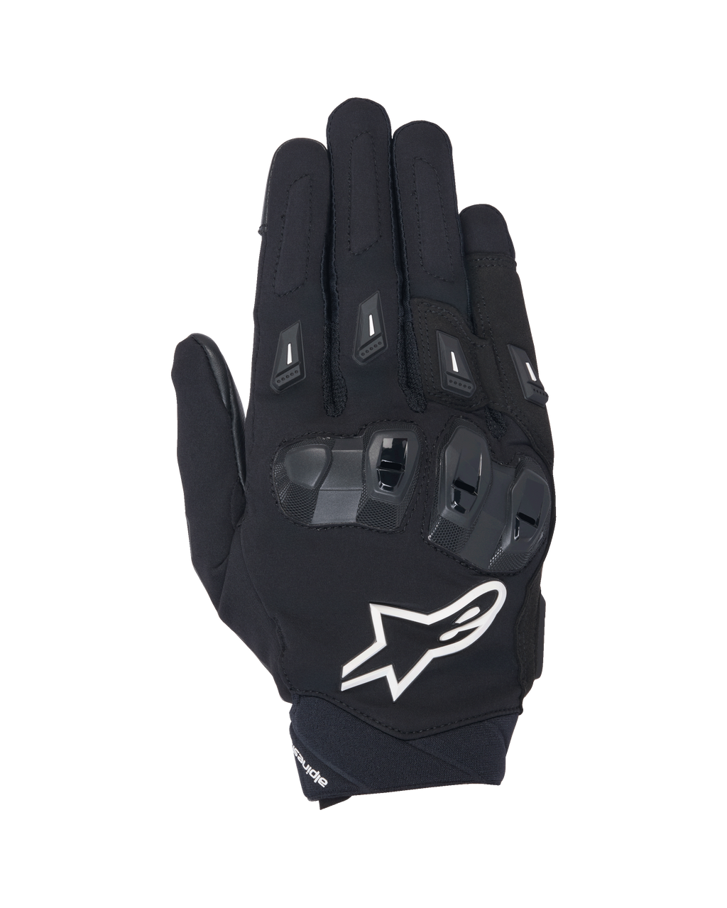 Guanti Alpinestars SP X 3, guanti da moto a polsino corto neri e bianchi, vista dall'alto con protezione nocche in TPU a doppia densità, grande logo a stella bianco e protezioni per le dita, per guida sportiva e stradale