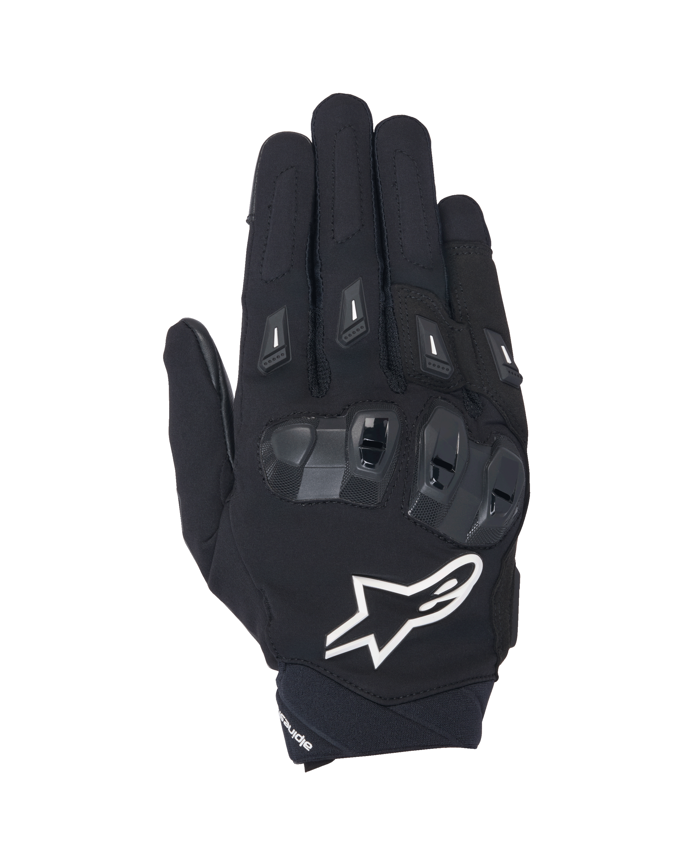 Guanti Alpinestars SP X 3, guanti da moto a polsino corto neri e bianchi, vista dall'alto con protezione nocche in TPU a doppia densità, grande logo a stella bianco e protezioni per le dita, per guida sportiva e stradale