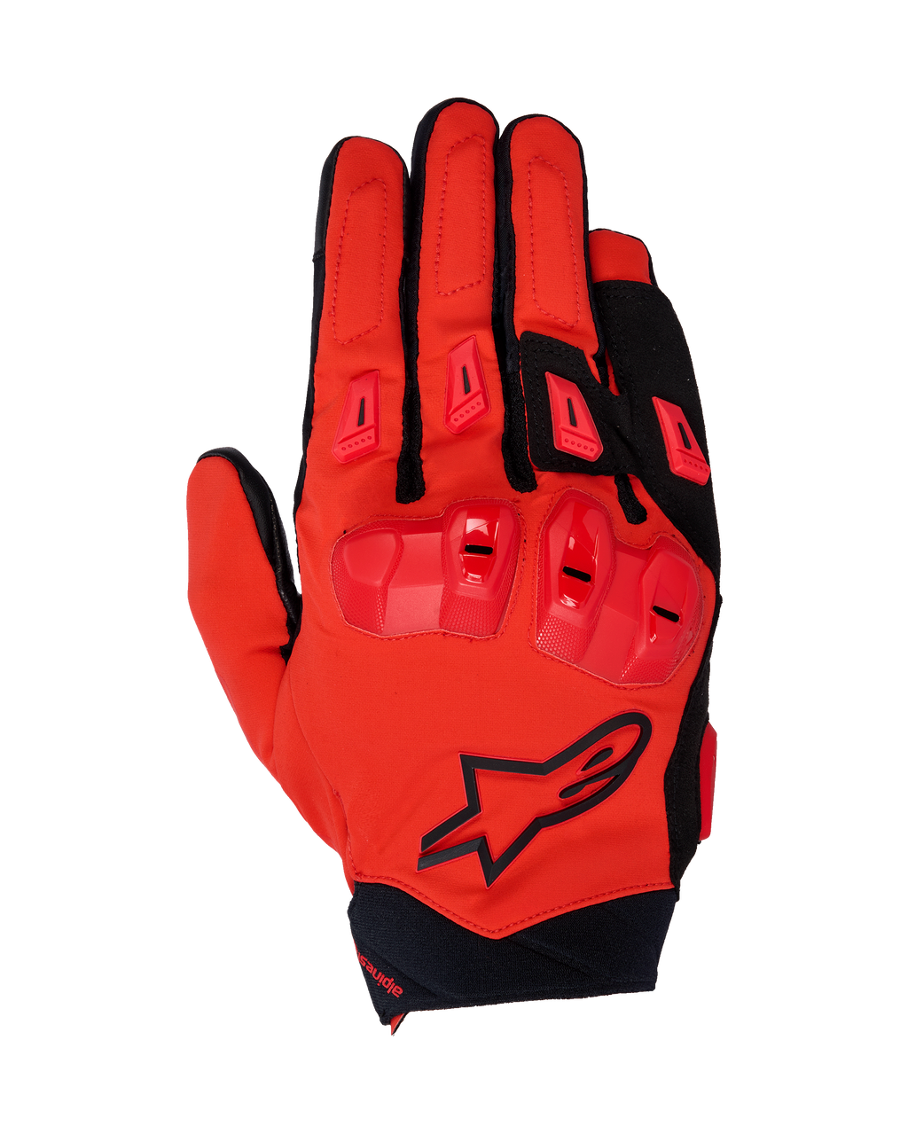 Guanti Alpinestars 2025 SP X 3, guanti da moto racing, rosso vivace e nero, con protezione per le nocche in TPU a doppia densità e slider sulle dita, vista dall'alto che mostra la struttura in mesh elasticizzato e il logo a stella nero
