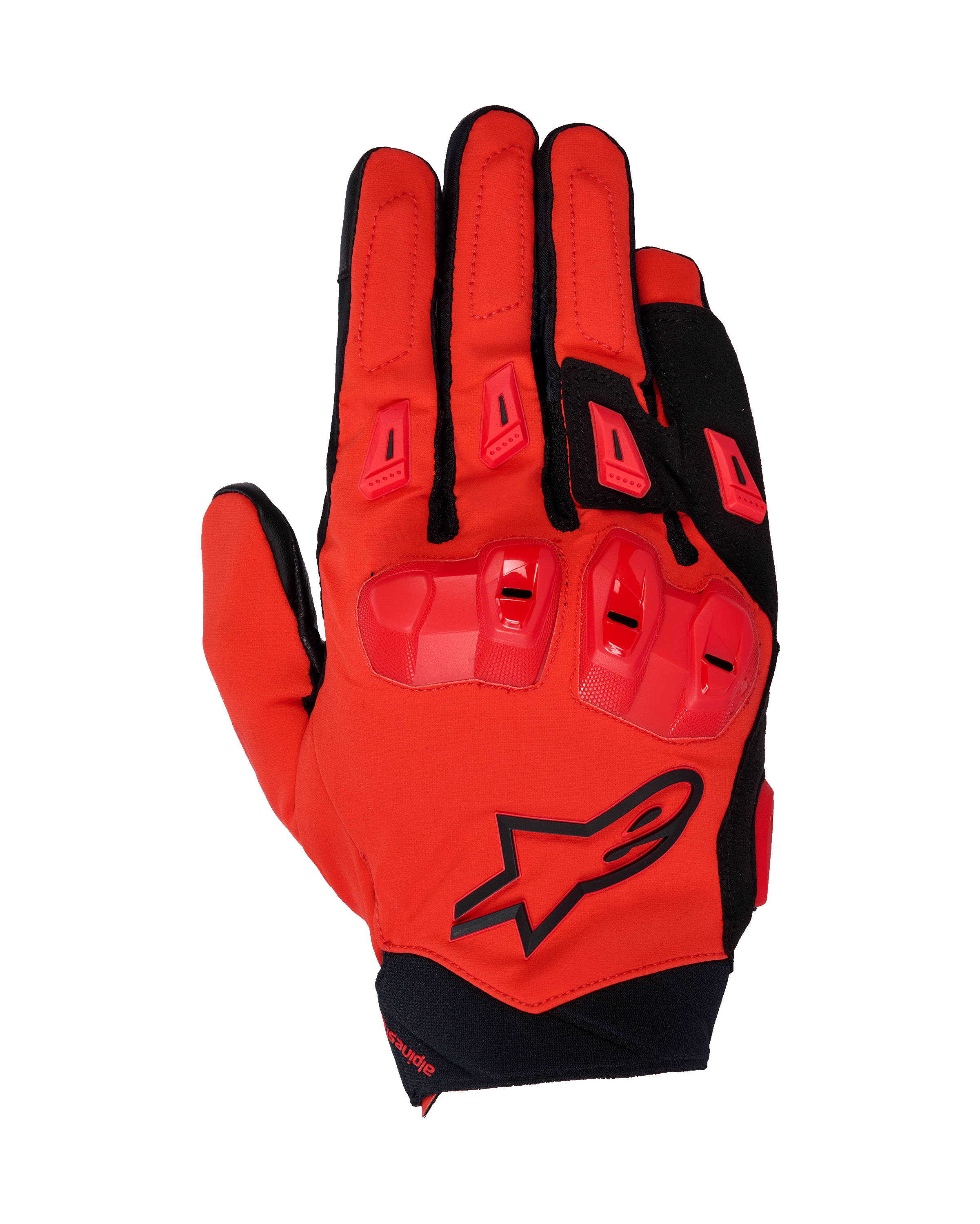 Guanti Alpinestars 2025 SP X 3, guanti da moto racing, rosso vivace e nero, con protezione per le nocche in TPU a doppia densità e slider sulle dita, vista dall'alto che mostra la struttura in mesh elasticizzato e il logo a stella nero