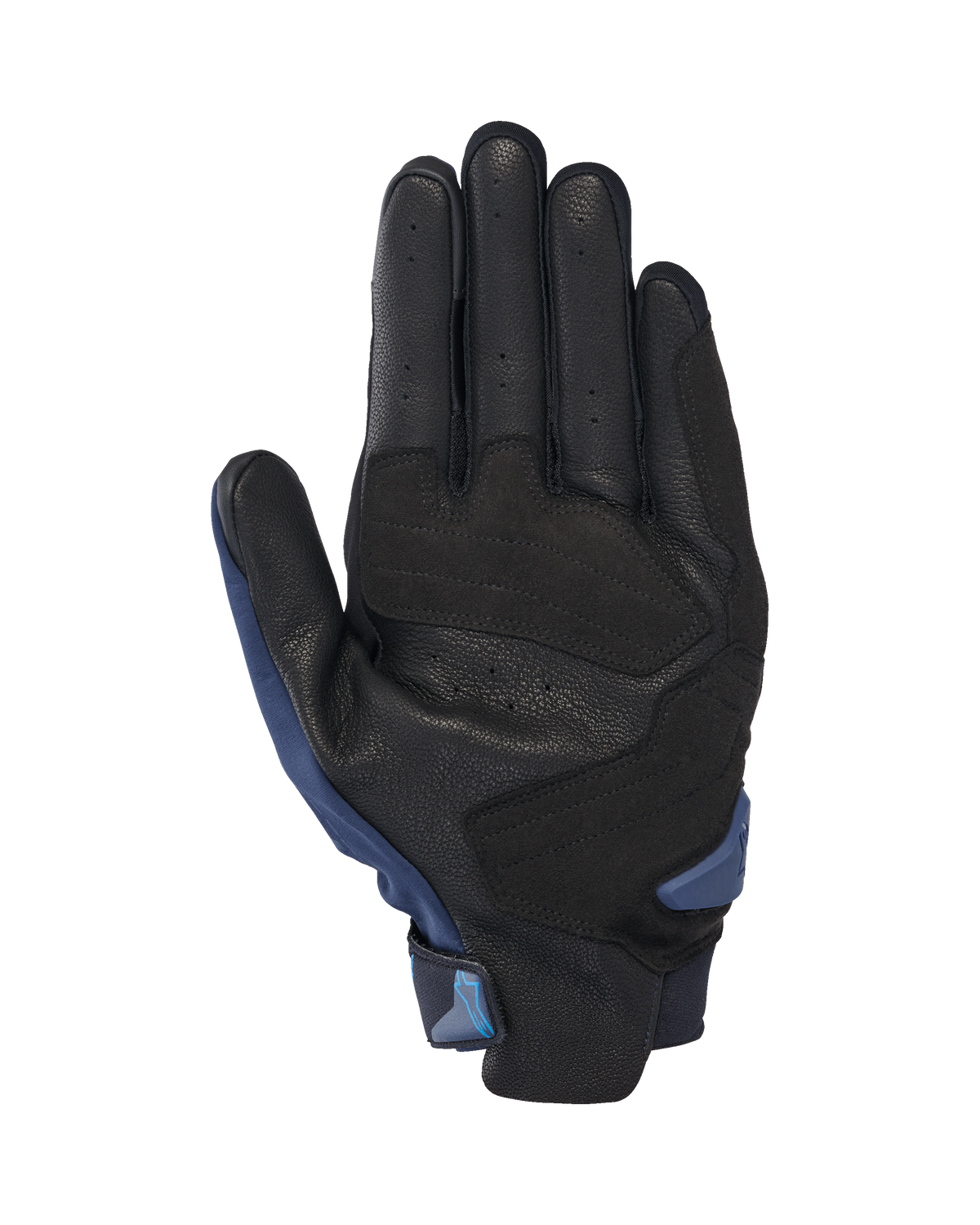 Guanti Alpinestars SP X 3, guanti da moto, blu scuro e blu Blithe, vista del palmo con pelle nera traforata e sovrapposizioni sintetiche, slider del palmo in TPR e linguetta integrata per una facile calzata.