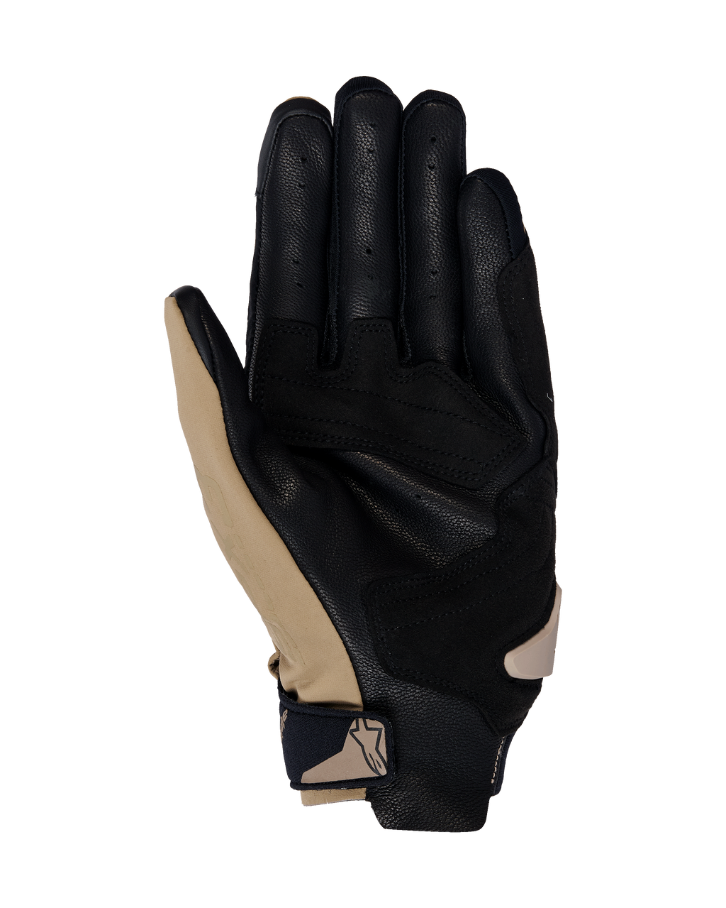 Guanti Alpinestars SP X 3, guanti da moto, Dark Khaki Sand Nero, vista lato palmo con pelle nera traforata e sovrapposizioni sintetiche khaki, cinturino da polso compatto con logo, design ergonomico per guida sportiva e stradale