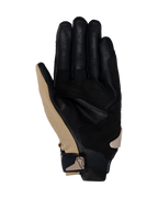 Guanti Alpinestars SP X 3, guanti da moto, Dark Khaki Sand Nero, vista lato palmo con pelle nera traforata e sovrapposizioni sintetiche khaki, cinturino da polso compatto con logo, design ergonomico per guida sportiva e stradale