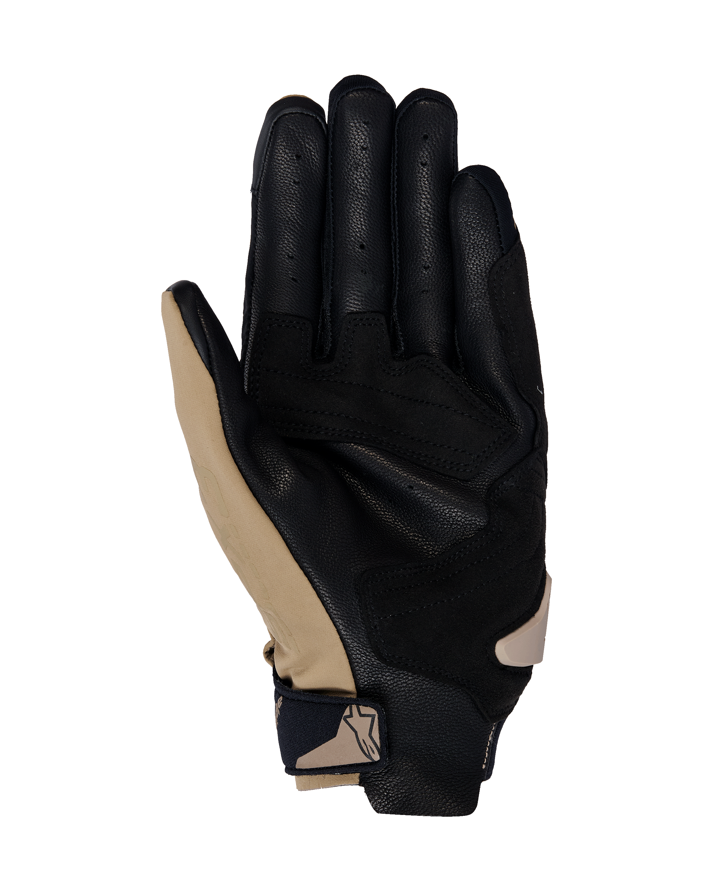 Guanti Alpinestars SP X 3, guanti da moto, Dark Khaki Sand Nero, vista lato palmo con pelle nera traforata e sovrapposizioni sintetiche khaki, cinturino da polso compatto con logo, design ergonomico per guida sportiva e stradale