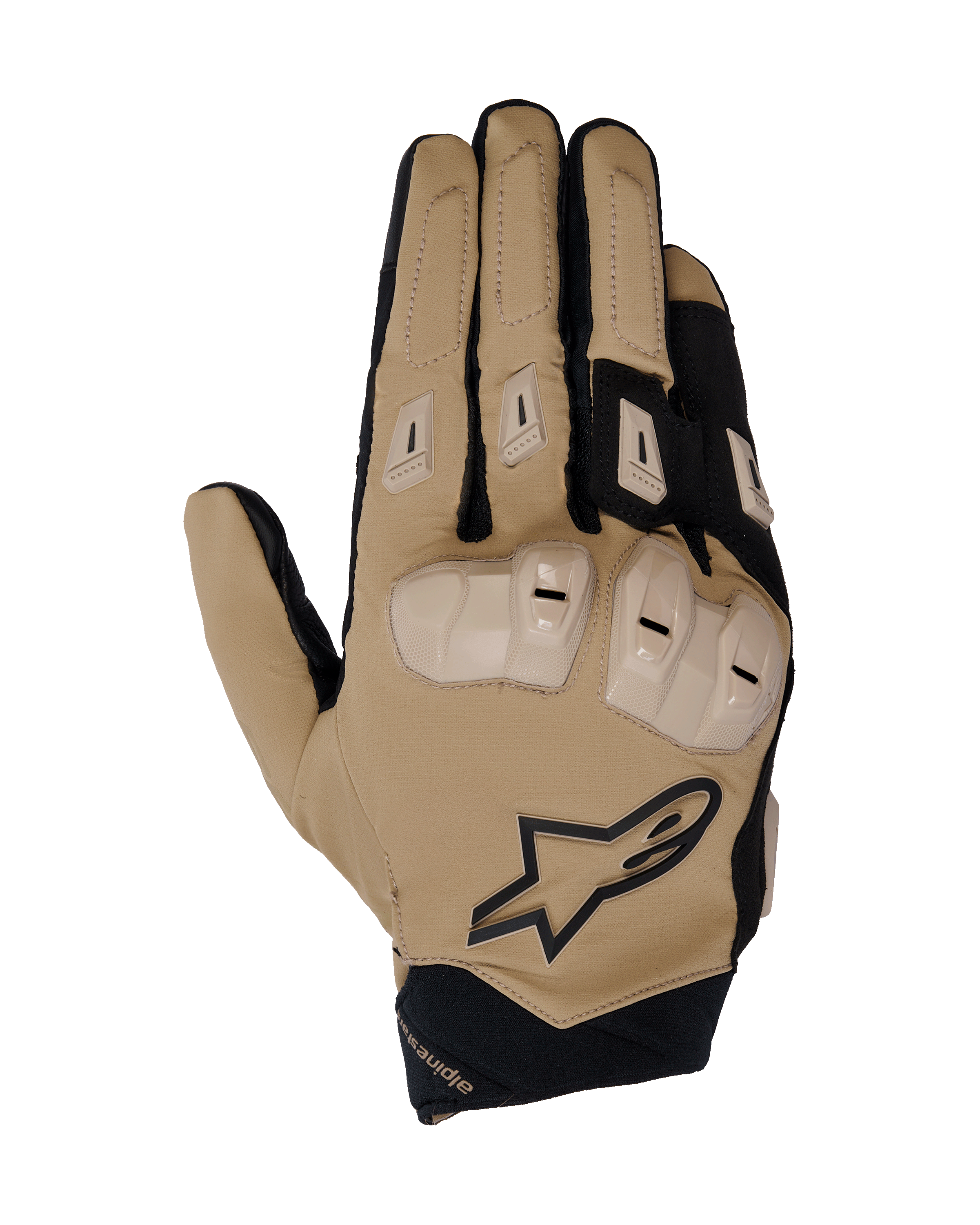 Guanti Alpinestars SP X 3, guanti racing da moto, color sabbia kaki scuro e nero, con protezione delle nocche in TPU a doppia densità, imbottitura delle dita rinforzata, materiale elasticizzato traspirante e loghi integrati
