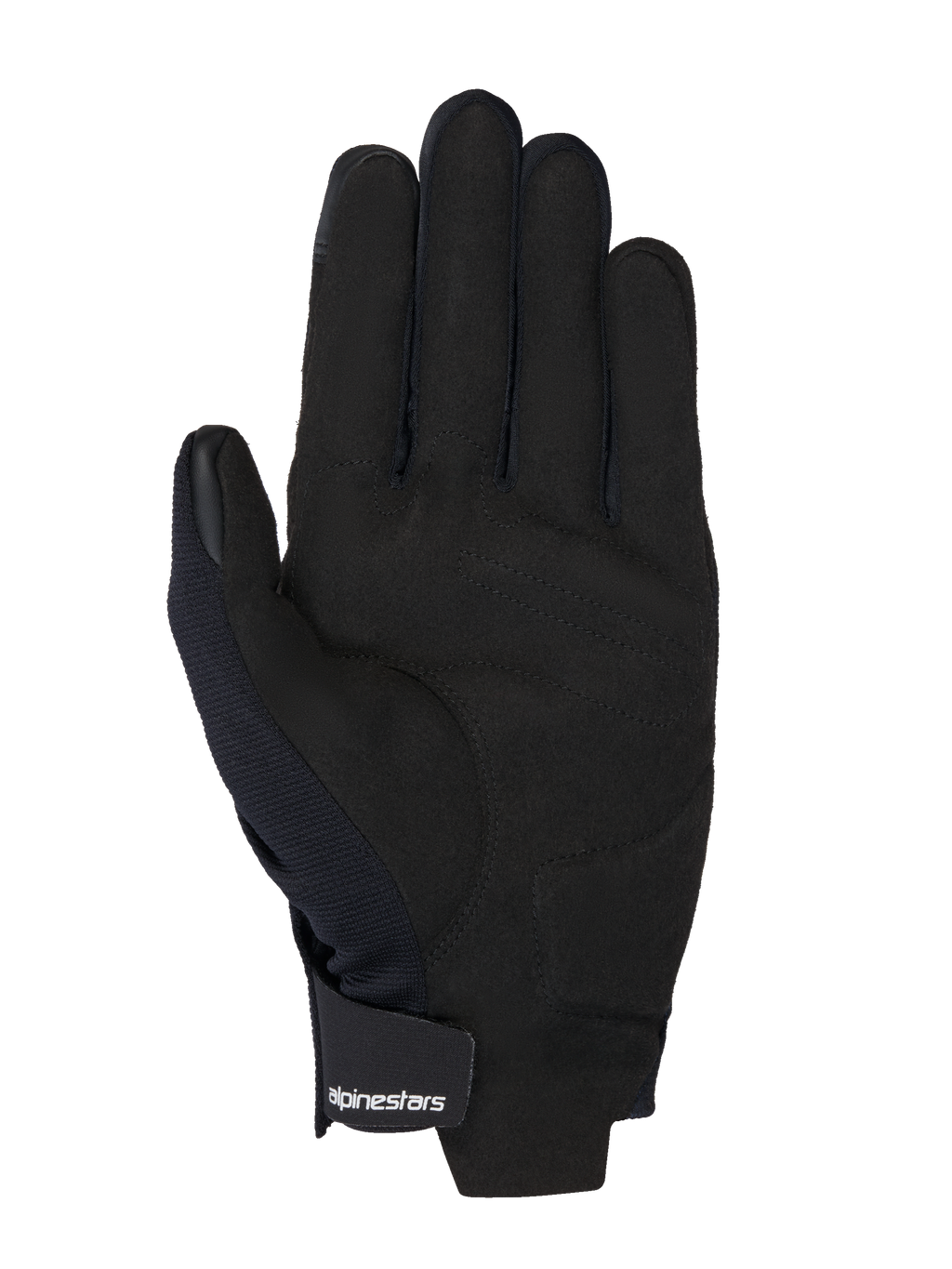 Alpinestars guanti MM93 Reef V2, vista del palmo in pelle scamosciata sintetica nera, rinforzo imbottito sul palmo, punte delle dita compatibili con touchscreen, cinturino al polso con chiusura a gancio e asola e logo bianco
