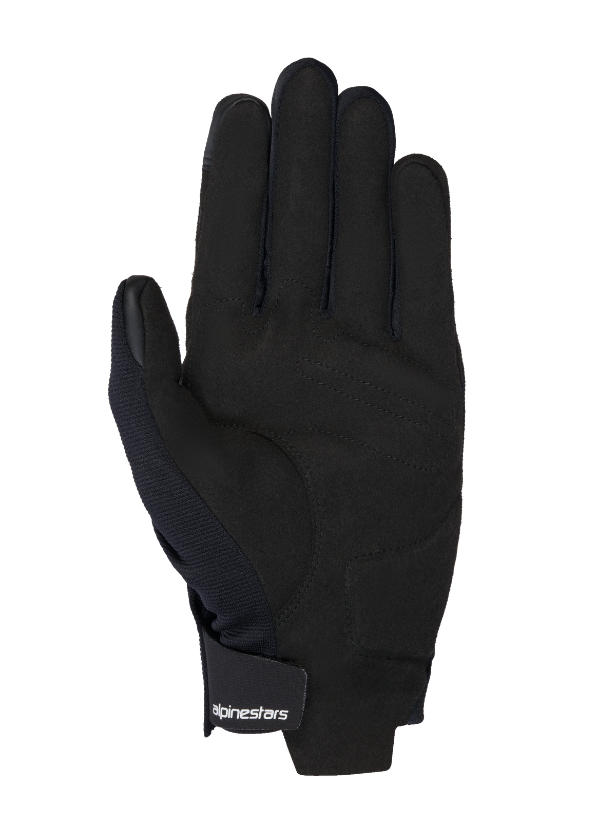 Alpinestars guanti MM93 Reef V2, vista del palmo in pelle scamosciata sintetica nera, rinforzo imbottito sul palmo, punte delle dita compatibili con touchscreen, cinturino al polso con chiusura a gancio e asola e logo bianco