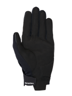 Alpinestars guanti MM93 Reef V2, vista del palmo in pelle scamosciata sintetica nera, rinforzo imbottito sul palmo, punte delle dita compatibili con touchscreen, cinturino al polso con chiusura a gancio e asola e logo bianco
