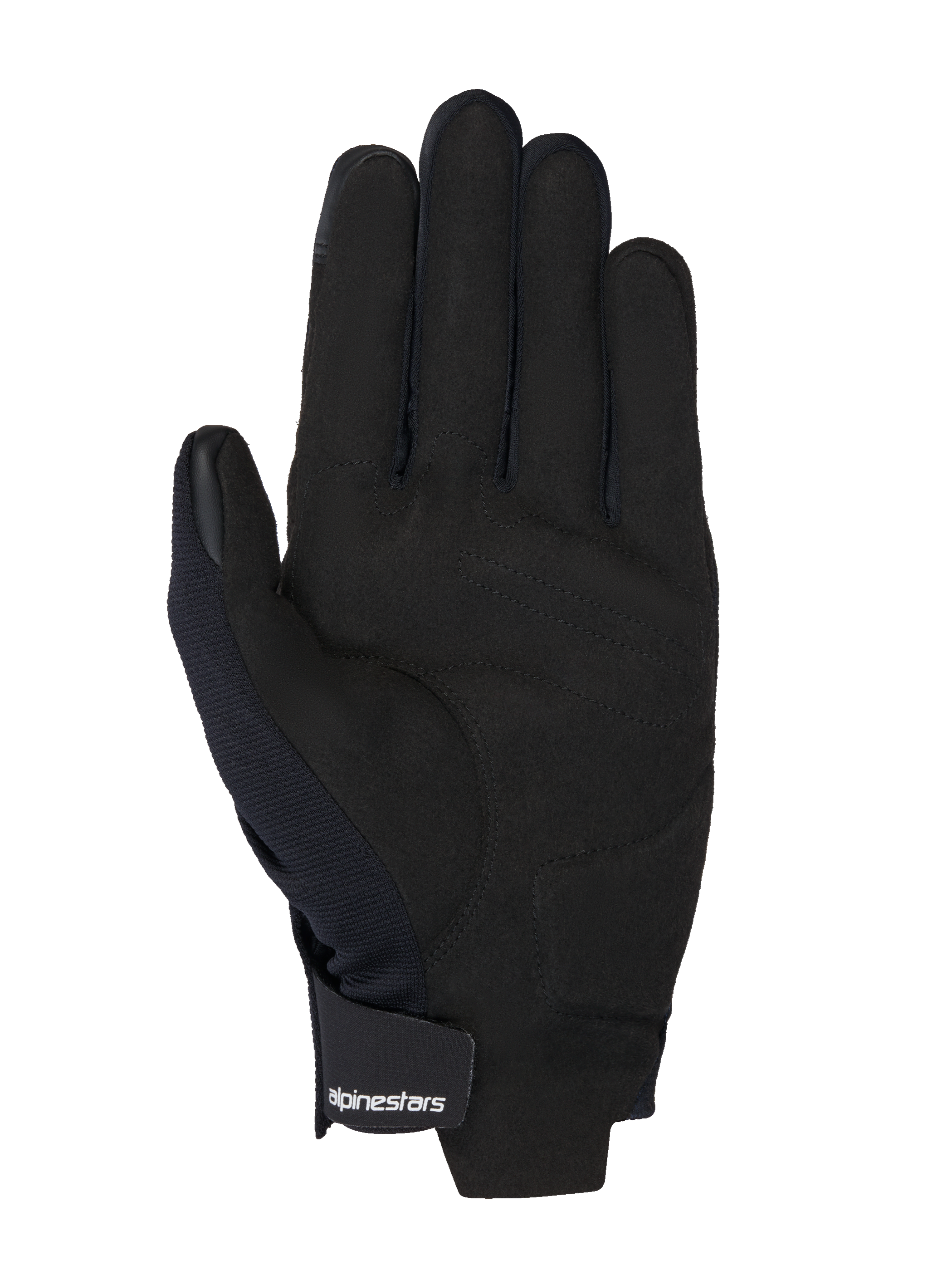Alpinestars guanti MM93 Reef V2, vista del palmo in pelle scamosciata sintetica nera, rinforzo imbottito sul palmo, punte delle dita compatibili con touchscreen, cinturino al polso con chiusura a gancio e asola e logo bianco