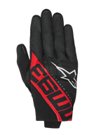 Alpinestars MM93 Reef V2 Gloves, guanti da moto, nero e rosso acceso con grafica 93 rossa e logo a stella bianco, design firmato Marc Márquez, costruzione in tessuto a polsino corto