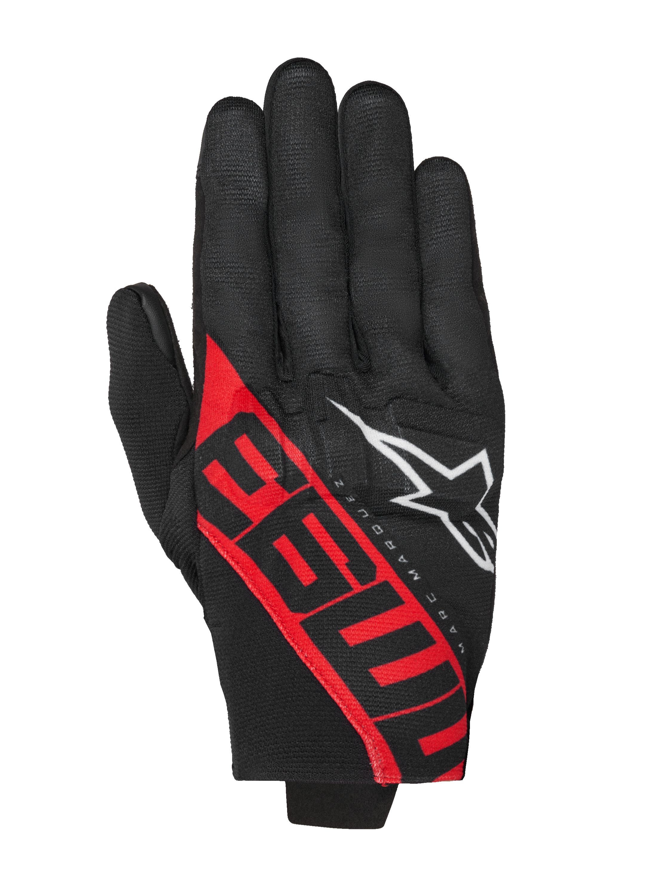 Alpinestars MM93 Reef V2 Gloves, guanti da moto, nero e rosso acceso con grafica 93 rossa e logo a stella bianco, design firmato Marc Márquez, costruzione in tessuto a polsino corto