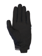 Guanti Alpinestars MM93 Reef V2, vista del palmo, nero con accenti rosso acceso e bianco, con palmo in pelle scamosciata sintetica, rinforzi imbottiti e chiusura a strappo sul polso con logo Alpinestars, moderno equipaggiamento urbano da moto