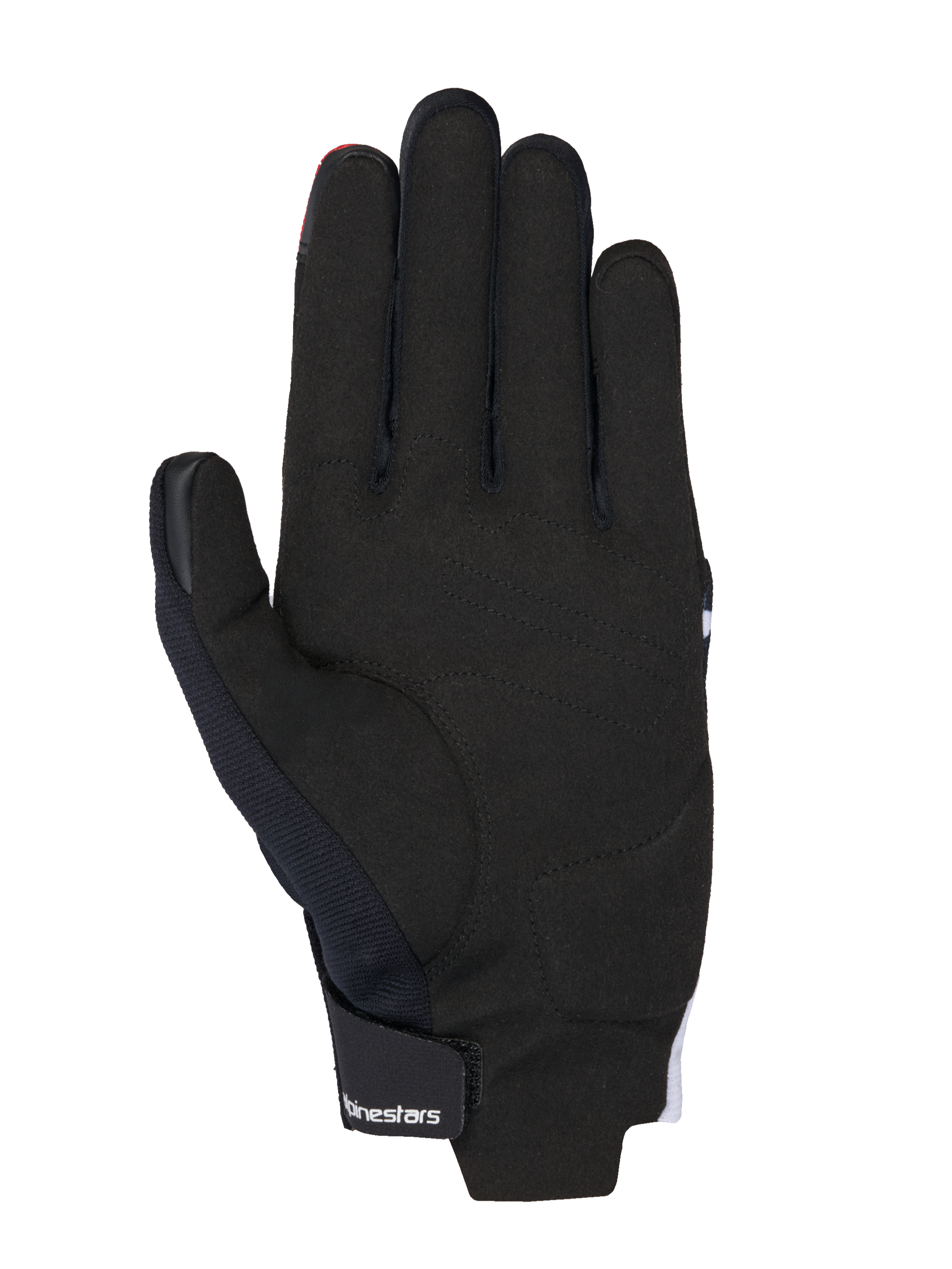 Guanti Alpinestars MM93 Reef V2, vista del palmo, nero con accenti rosso acceso e bianco, con palmo in pelle scamosciata sintetica, rinforzi imbottiti e chiusura a strappo sul polso con logo Alpinestars, moderno equipaggiamento urbano da moto