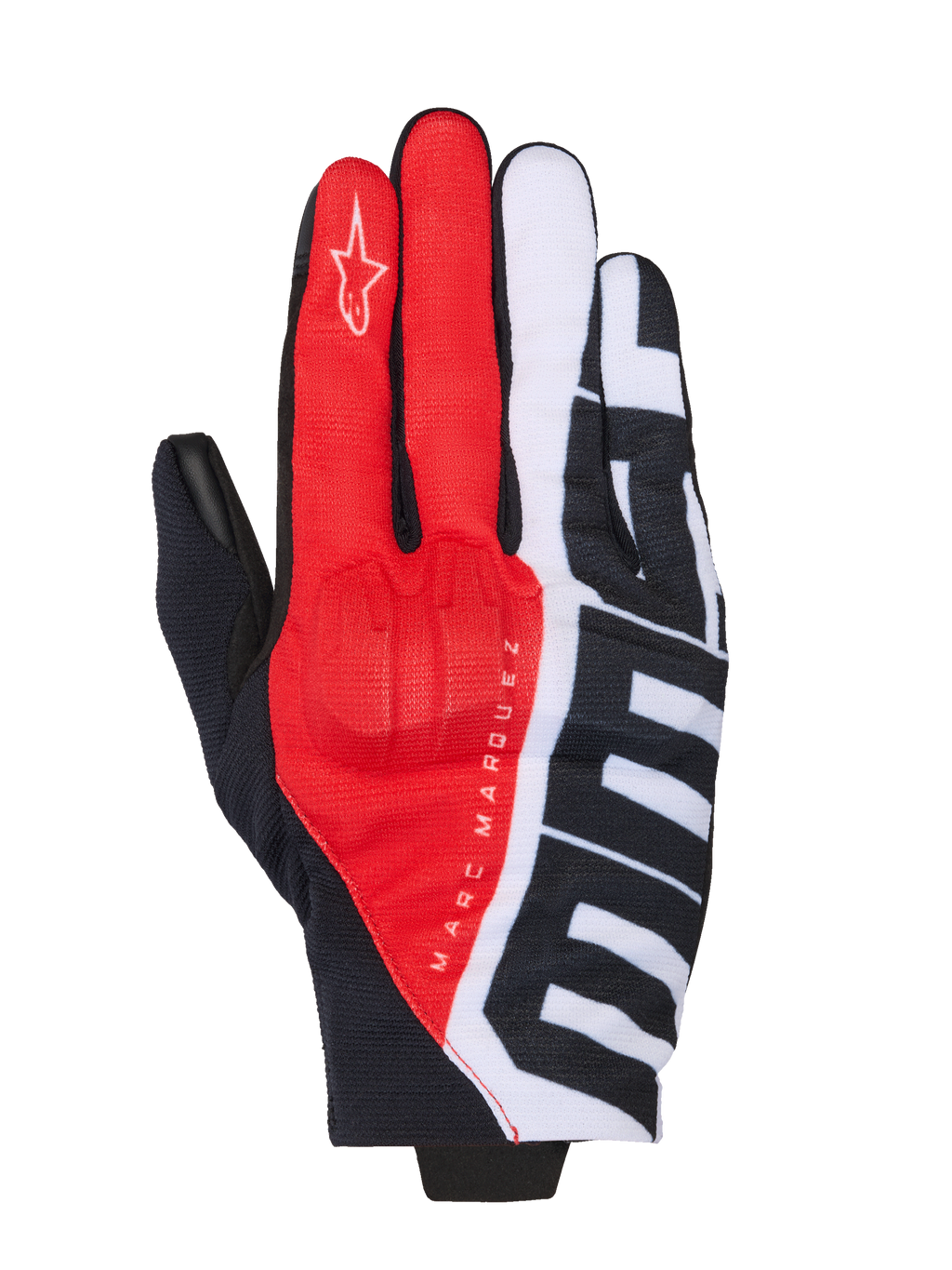 Guanti Alpinestars MM93 Reef V2, guanti da moto, nero, rosso acceso e bianco, con logo Marc Marquez e grandi grafiche MM93, costruzione in tessuto con protezione nocche integrata, abbigliamento urban a polsino corto