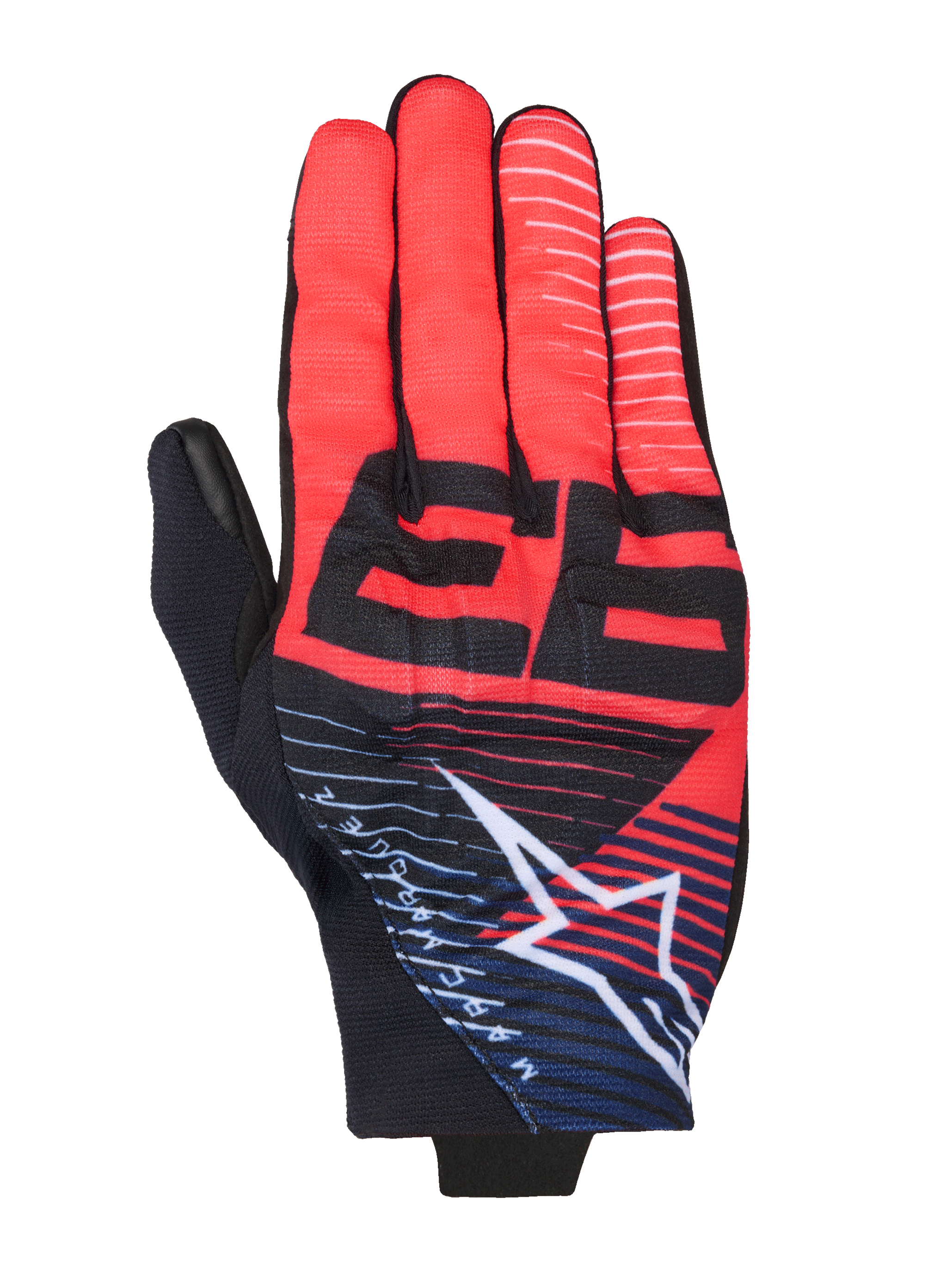 Alpinestars MM93 Reef V2 Gloves, guanti da moto, rosso e nero con accenti blu navy, grafica nera 93 in evidenza, logo a stella Alpinestars bianco con strisce, design sportivo contemporaneo in tessuto elasticizzato traspirante