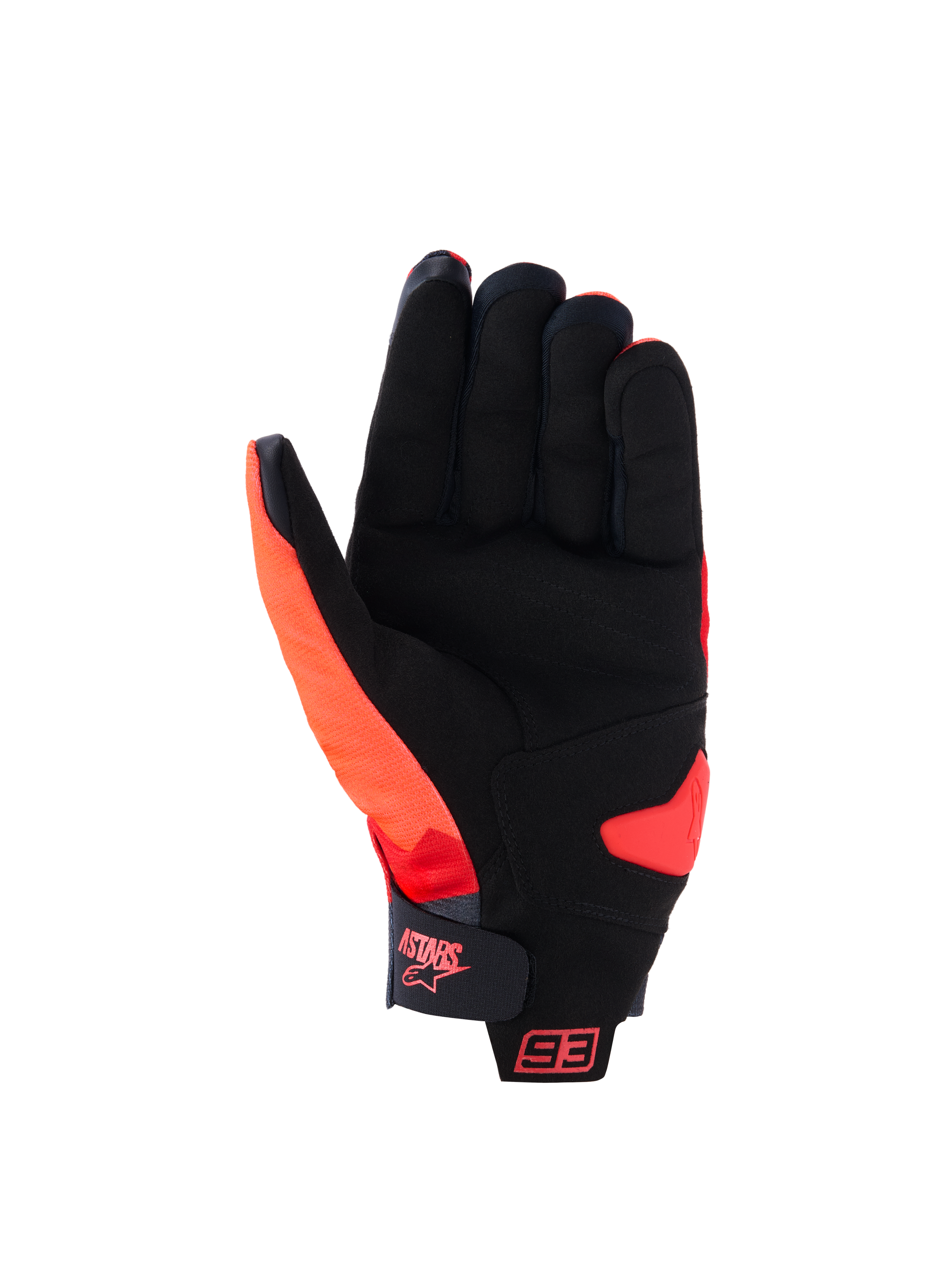 Guanti Alpinestars MM93 Reef V2, vista del palmo, rosso fluo, rosso acceso e nero, con palmo in pelle scamosciata sintetica e rinforzo imbottito, cinturino al polsino con logo Astars e marchio 93, guanti da moto urbani