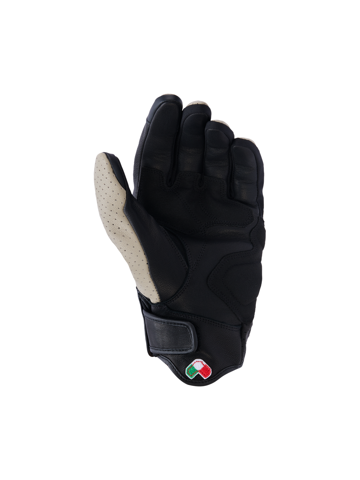 Alpinestars Mustang V3 Leather Gloves, vista del palmo, Aluminum Black, pelle di capra nera con zona del pollice in grigio chiaro traforata, palmo e pollice rinforzati, polsino corto con chiusura a strappo, guanti da moto urbani in stile heritage