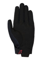 Guanti Honda Reef V2, vista del palmo, pelle scamosciata sintetica nera con rinforzo imbottito, logo Alpinestars rosso sul cinturino con gancio e anello, design a polsino corto per la guida in moto