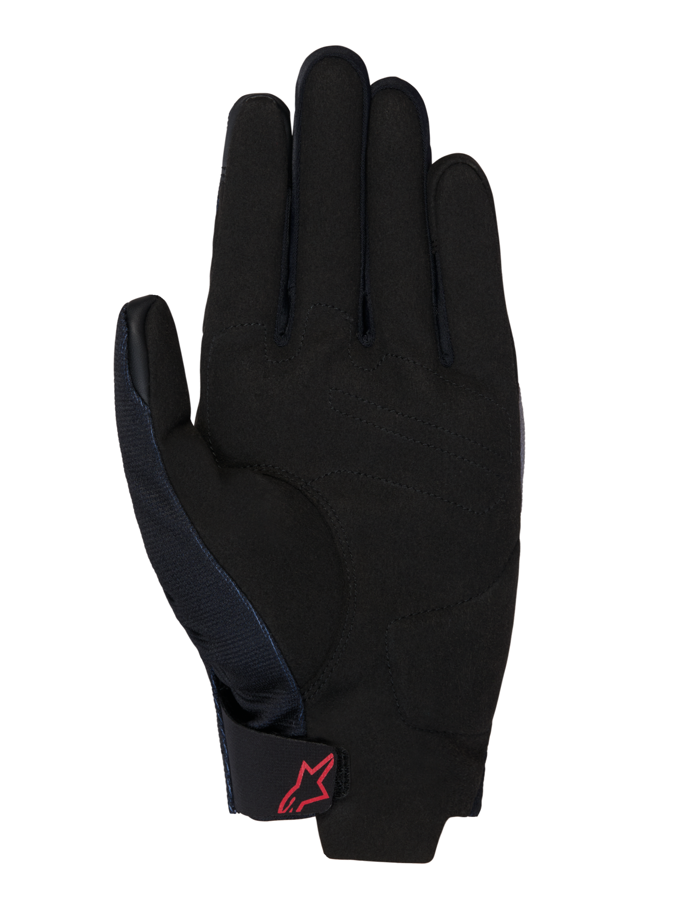 Guanti Honda Reef V2, vista del palmo, pelle scamosciata sintetica nera con rinforzo imbottito, logo Alpinestars rosso sul cinturino con gancio e anello, design a polsino corto per la guida in moto