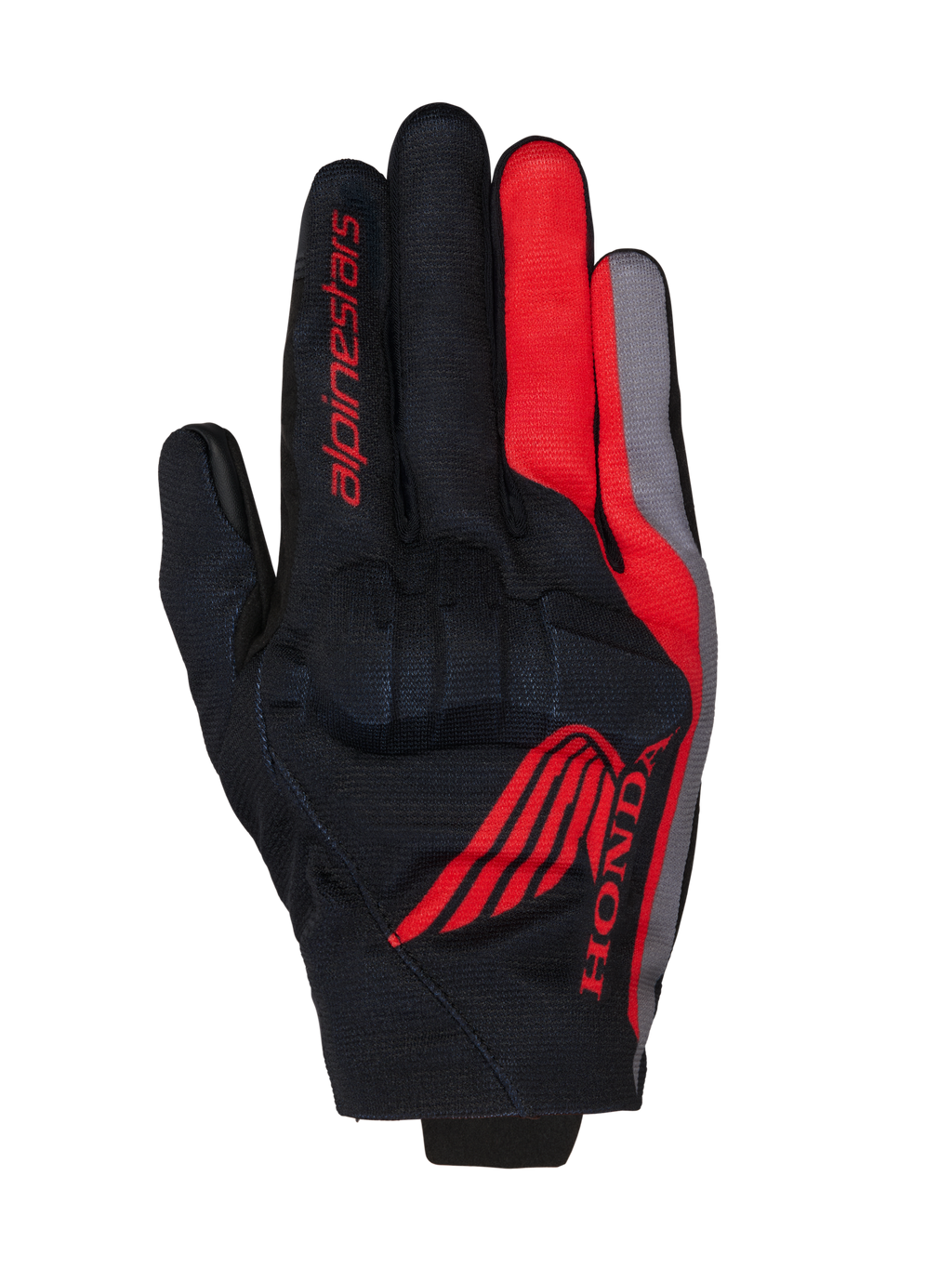 Guanti Alpinestars Honda Reef V2, guanti da moto, nero con dettagli rosso brillante e grigio scuro, con logo Honda ad ala rossa e marchio Alpinestars, struttura in tessuto traspirante con protezione nocche integrata, design a polsino corto