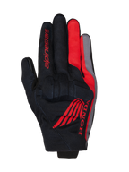 Guanti Alpinestars Honda Reef V2, guanti da moto, nero con dettagli rosso brillante e grigio scuro, con logo Honda ad ala rossa e marchio Alpinestars, struttura in tessuto traspirante con protezione nocche integrata, design a polsino corto