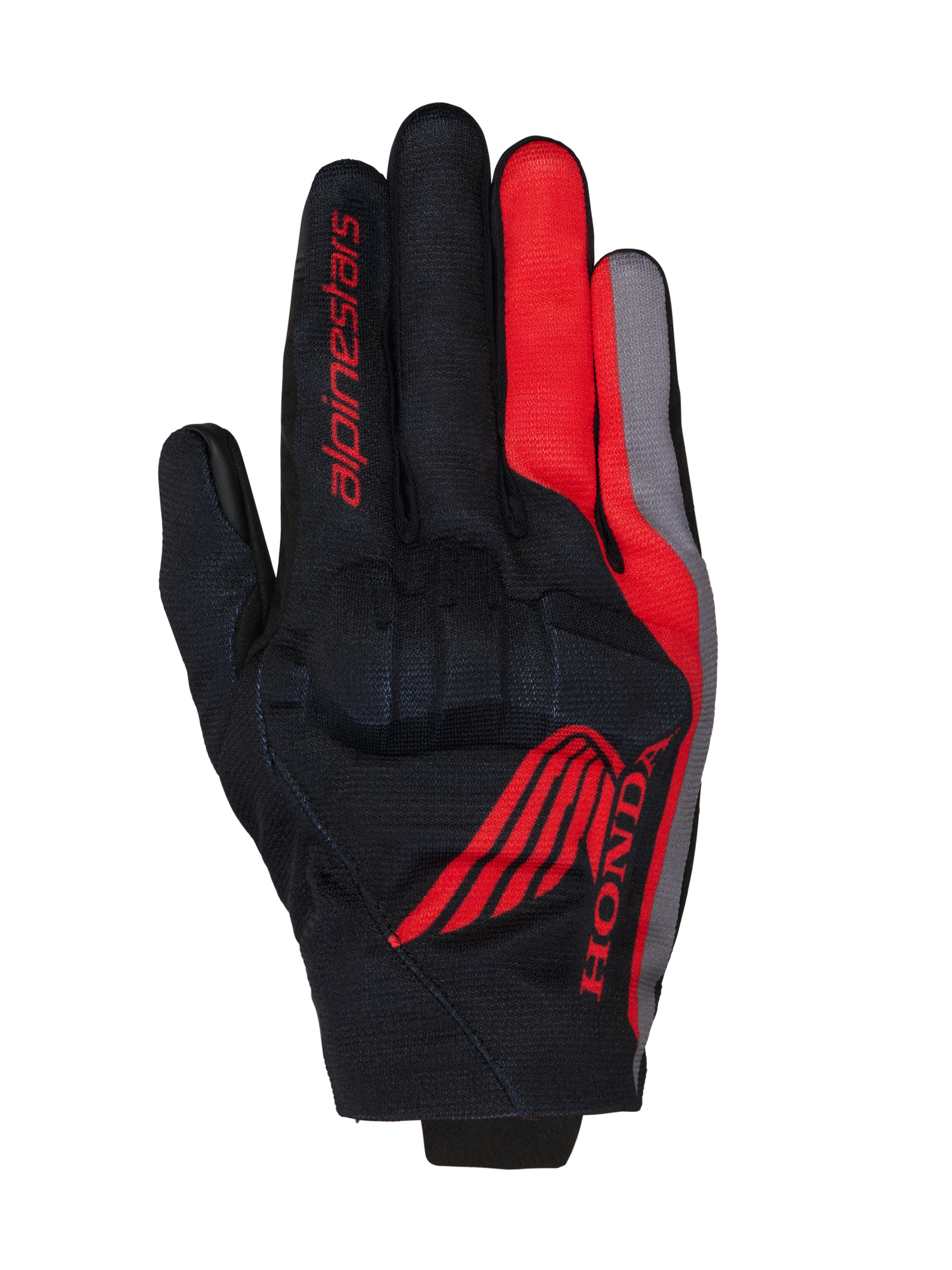 Guanti Alpinestars Honda Reef V2, guanti da moto, nero con dettagli rosso brillante e grigio scuro, con logo Honda ad ala rossa e marchio Alpinestars, struttura in tessuto traspirante con protezione nocche integrata, design a polsino corto
