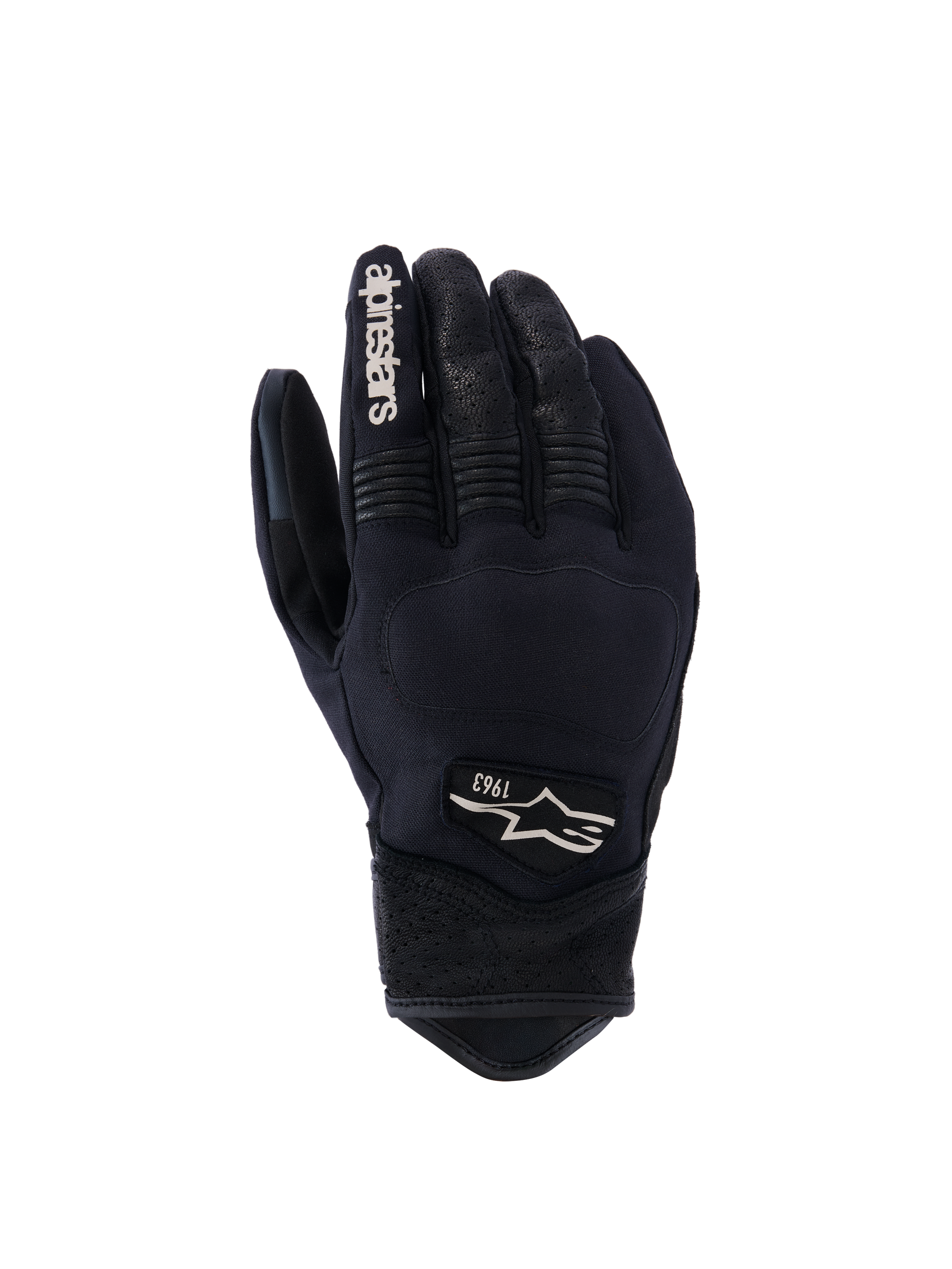 Alpinestars Tracker Gloves, guanti da moto neri con logo bianco 1963, nocche rinforzate, cuciture dettagliate, design aderente, area polso texturizzata