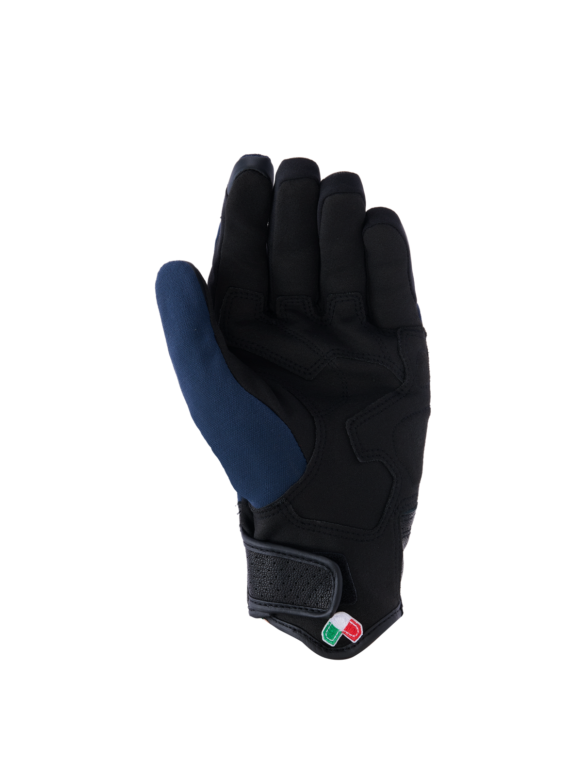 Guanti Alpinestars Tracker, vista del palmo, blu scuro e nero, con palmo in pelle scamosciata sintetica rinforzata, polsino corto con chiusura a strappo e piccolo dettaglio logo tricolore, abbigliamento moto urban
