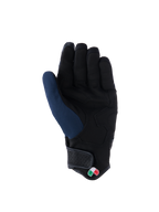 Guanti Alpinestars Tracker, vista del palmo, blu scuro e nero, con palmo in pelle scamosciata sintetica rinforzata, polsino corto con chiusura a strappo e piccolo dettaglio logo tricolore, abbigliamento moto urban