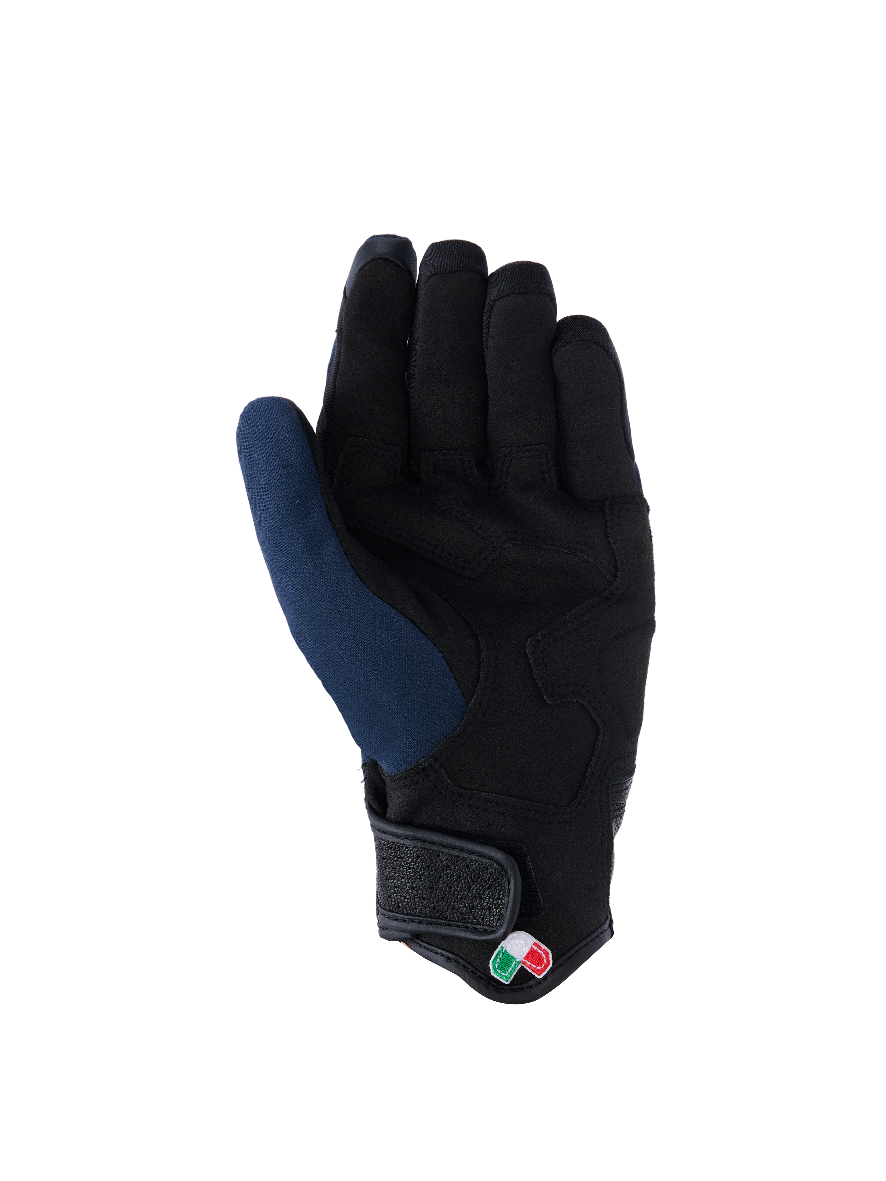 Guanti Alpinestars Tracker, vista del palmo, blu scuro e nero, con palmo in pelle scamosciata sintetica rinforzata, polsino corto con chiusura a strappo e piccolo dettaglio logo tricolore, abbigliamento moto urban