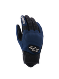 Guanti Alpinestars Tracker, guanti da moto urban, blu scuro e nero, dorso in tessuto con dita e polsino in pelle traforata, inserti a fisarmonica elasticizzati, patch con logo heritage 1963, stile ispirato al workwear