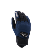 Guanti Alpinestars Tracker, guanti da moto urban, blu scuro e nero, dorso in tessuto con dita e polsino in pelle traforata, inserti a fisarmonica elasticizzati, patch con logo heritage 1963, stile ispirato al workwear