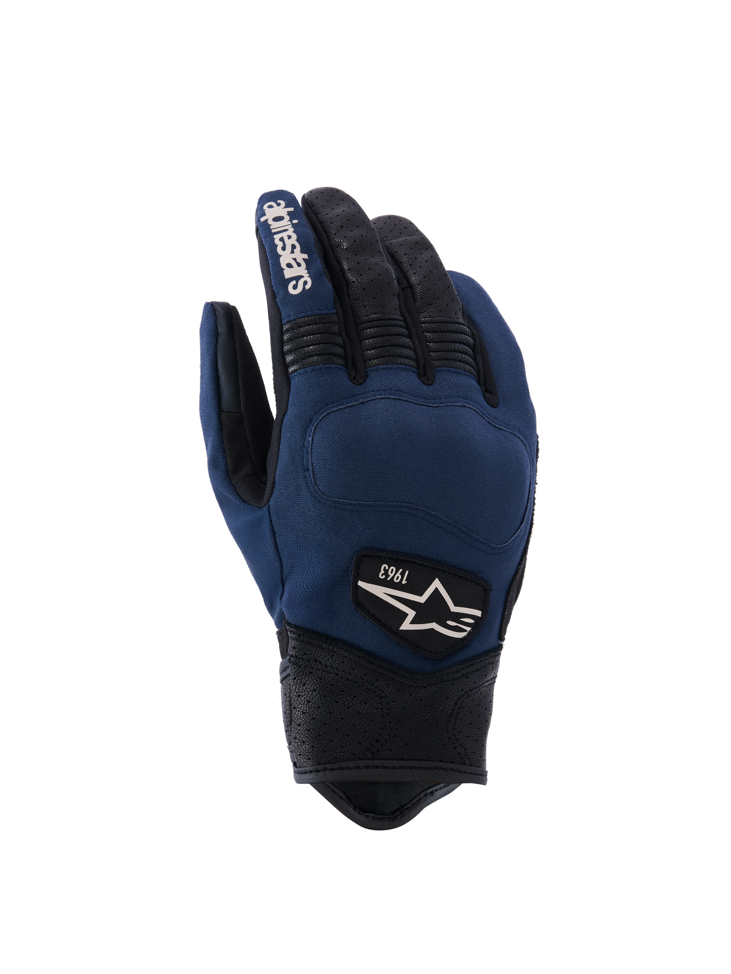 Guanti Alpinestars Tracker, guanti da moto urban, blu scuro e nero, dorso in tessuto con dita e polsino in pelle traforata, inserti a fisarmonica elasticizzati, patch con logo heritage 1963, stile ispirato al workwear