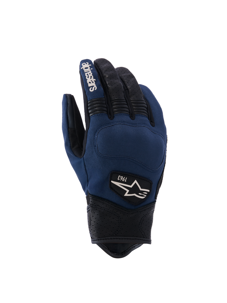 Guanti Alpinestars Tracker, guanti da moto urban, blu scuro e nero, dorso in tessuto con dita e polsino in pelle traforata, inserti a fisarmonica elasticizzati, patch con logo heritage 1963, stile ispirato al workwear