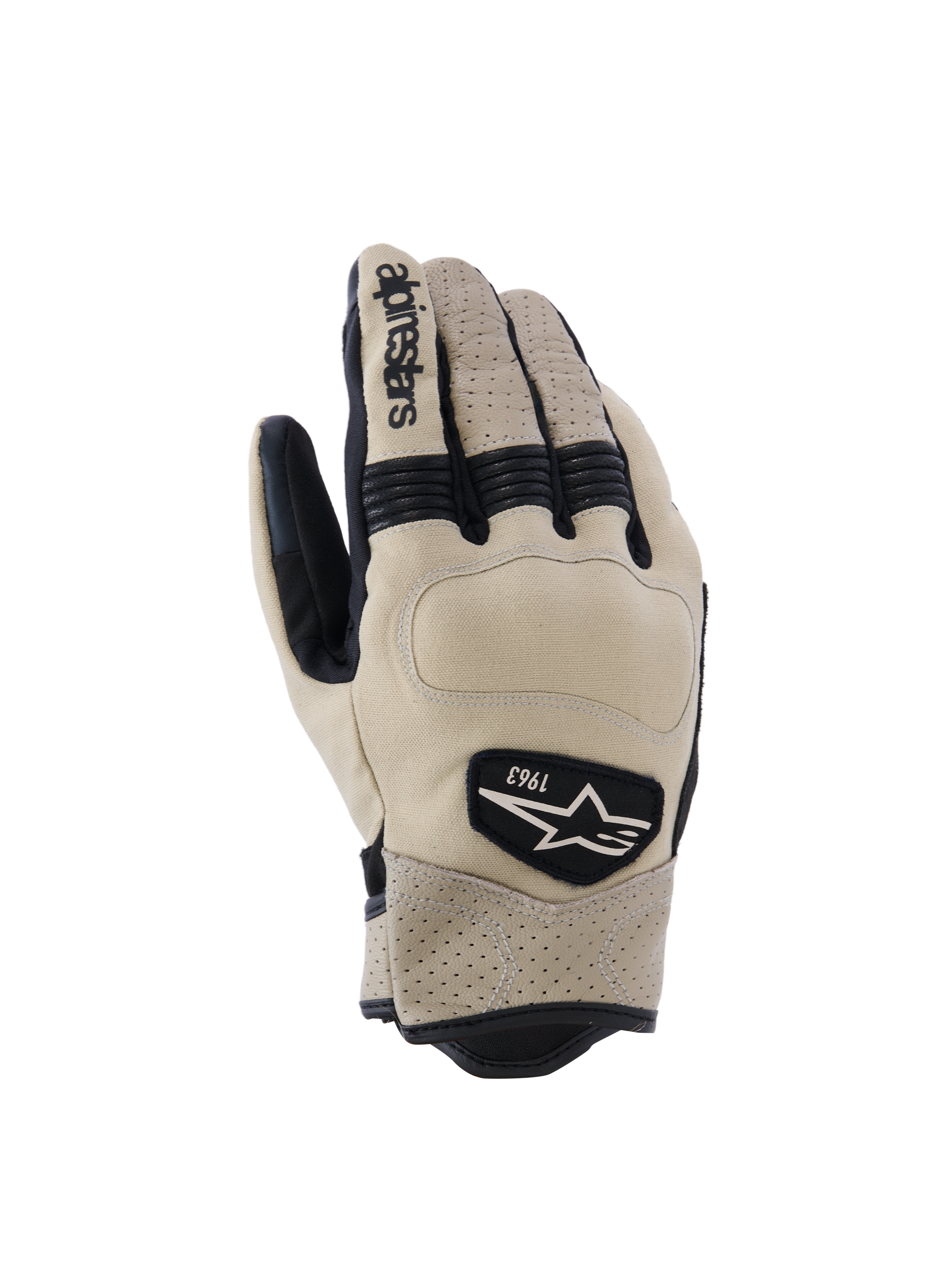Alpinestars Tracker Gloves, guanti da moto, beige e neri, con pelle traforata, inserti elastici a fisarmonica neri e patch con logo heritage 1963, stile workwear urbano