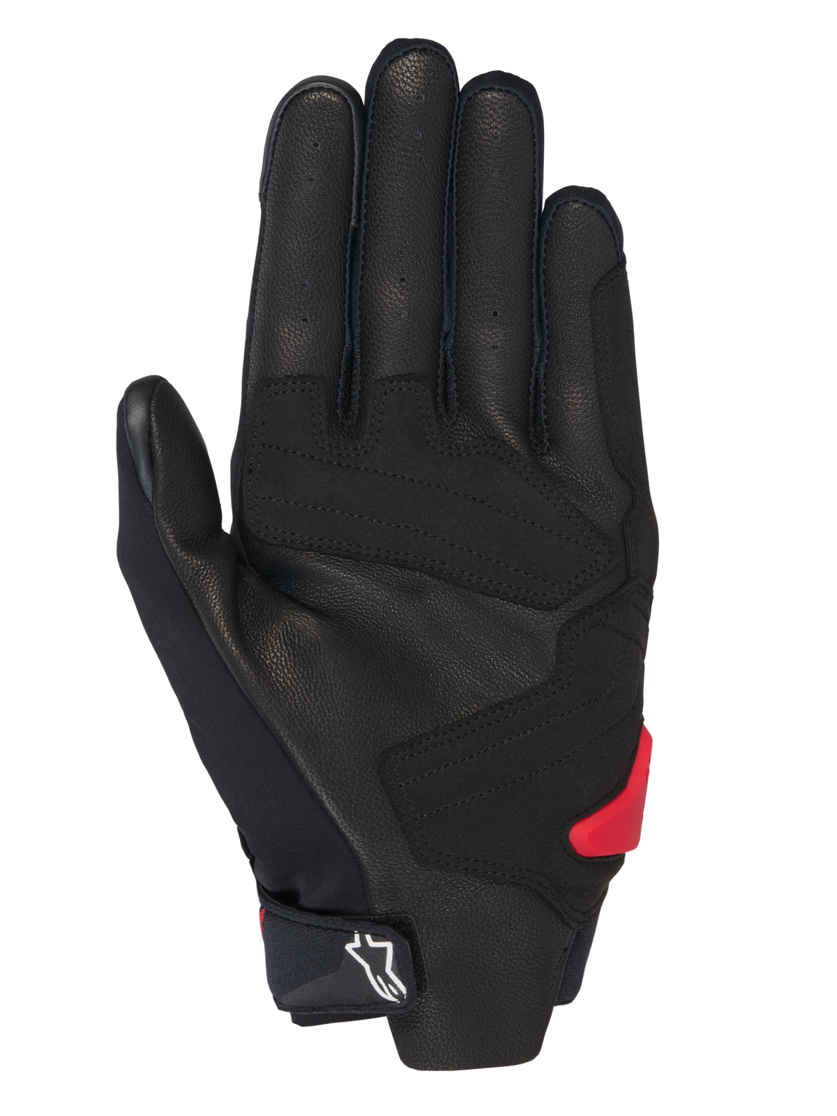 Alpinestars Honda SP X 3 Gloves, guanti da moto, neri con accenti rosso acceso, vista del palmo con pelle traforata, sovrapposizioni sintetiche per il grip, slider del palmo in TPR rosso e logo Alpinestars bianco sul polsino regolabile