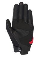Alpinestars Honda SP X 3 Gloves, guanti da moto, neri con accenti rosso acceso, vista del palmo con pelle traforata, sovrapposizioni sintetiche per il grip, slider del palmo in TPR rosso e logo Alpinestars bianco sul polsino regolabile