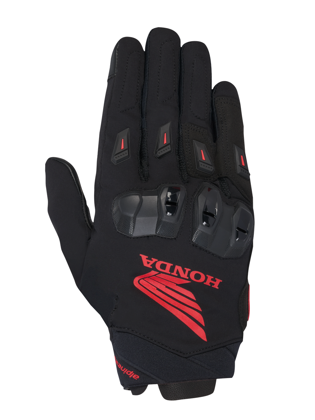 Guanto Alpinestars Honda SP X 3, guanto da moto sportivo, nero con vistoso logo Honda rosso, protezioni nocche in TPU nero, slider dita rossi, costruzione in tessuto tecnico e pelle