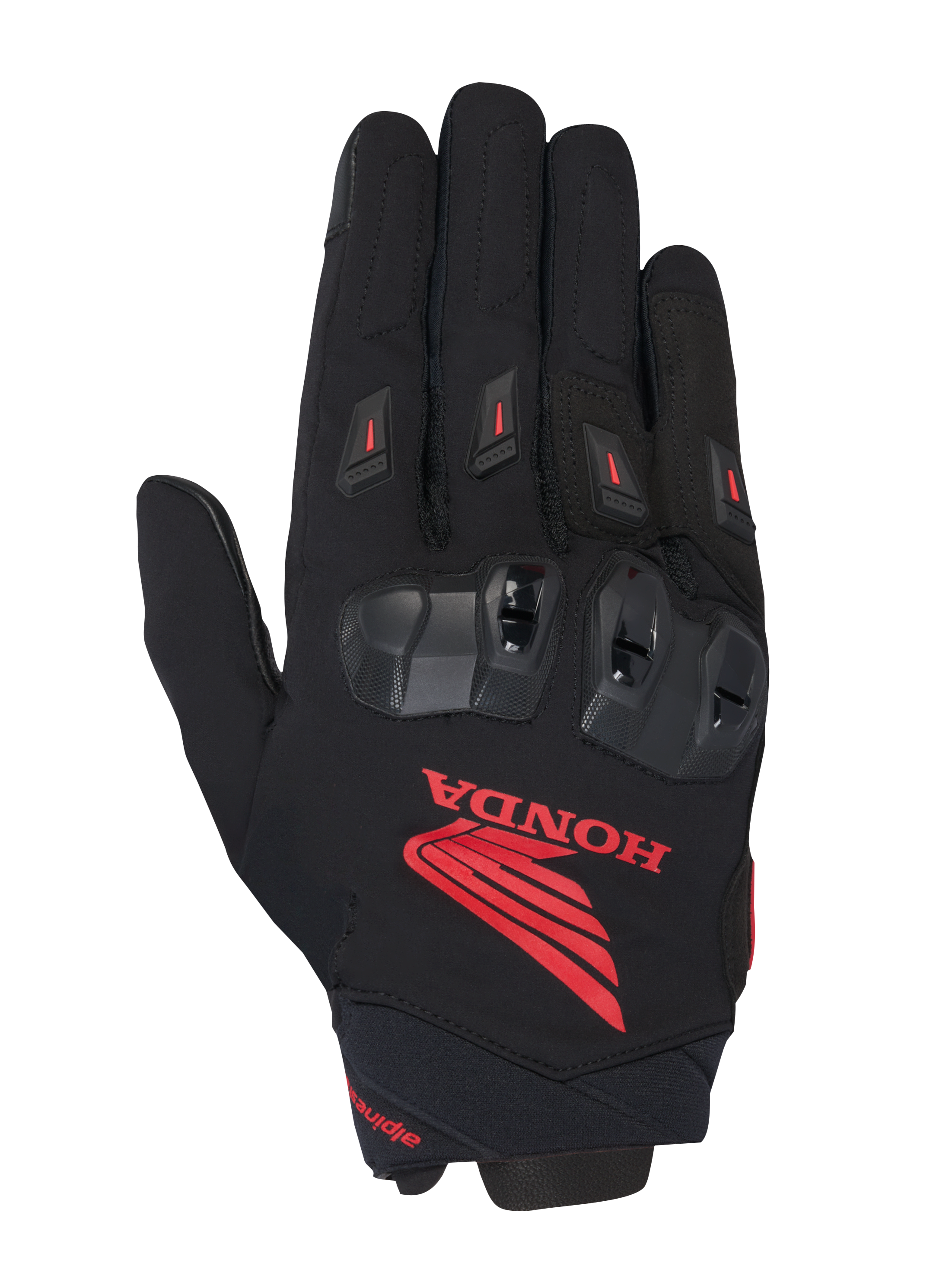 Guanto Alpinestars Honda SP X 3, guanto da moto sportivo, nero con vistoso logo Honda rosso, protezioni nocche in TPU nero, slider dita rossi, costruzione in tessuto tecnico e pelle