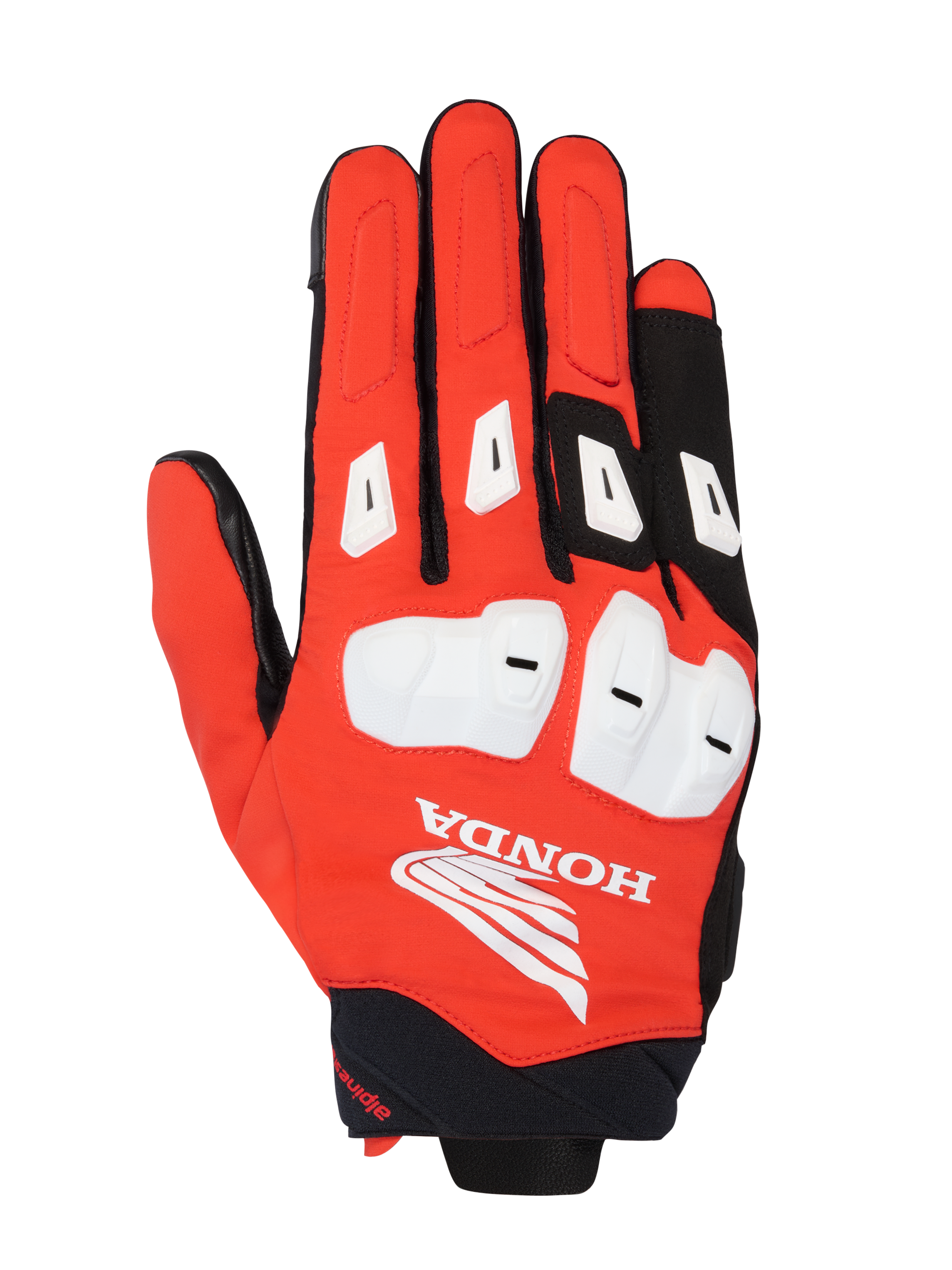 Alpinestars Honda SP X 3 Gloves, guanti sportivi da moto, rosso acceso, nero e bianco, dotati di protezioni nocche e slider dita in TPU bianco, grande logo Honda Wing bianco sul dorso, design multi-materiale traspirante per la guida stradale estiva