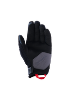 Guanti Alpinestars Durack, guanti da moto, nero, grigio scuro e rosso acceso, vista del palmo che mostra la costruzione in pelle scamosciata sintetica con un inserto di rinforzo grigio e asola rossa accesa, equipaggiamento per guida adventure e dual-sport