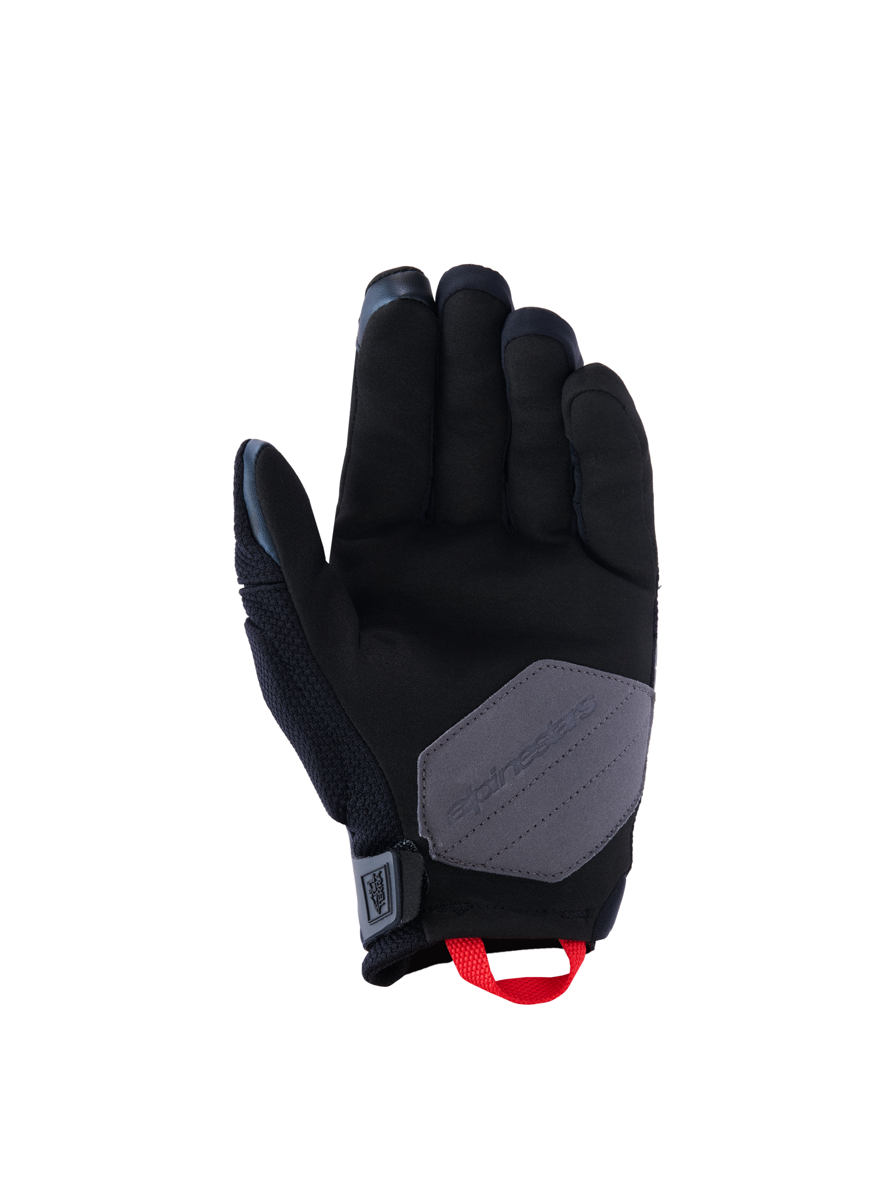 Guanti Alpinestars Durack, guanti da moto, nero, grigio scuro e rosso acceso, vista del palmo che mostra la costruzione in pelle scamosciata sintetica con un inserto di rinforzo grigio e asola rossa accesa, equipaggiamento per guida adventure e dual-sport