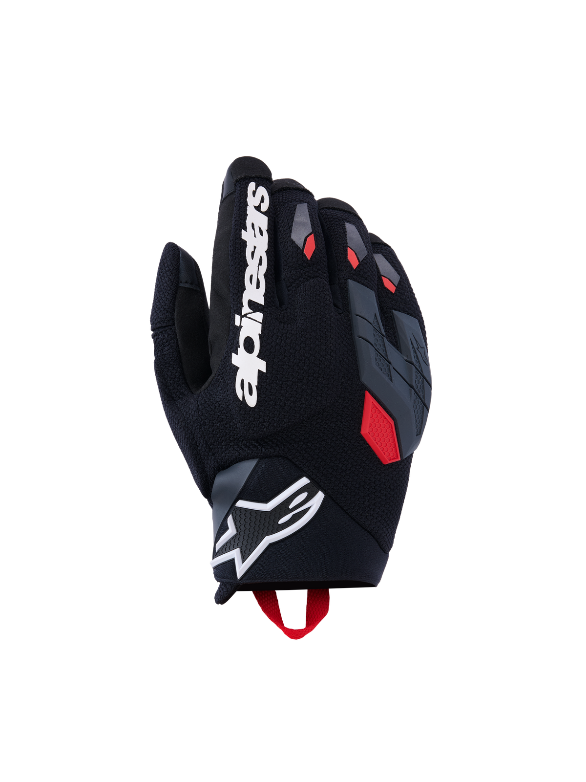 Guanti Alpinestars Durack, guanti da moto, nero con accenti grigio scuro e rosso acceso, dorso in tessuto testurizzato, protezione nocche grigia divisa, grande scritta Alpinestars bianca sull'indice e logo a stella bianco sul polso in neoprene